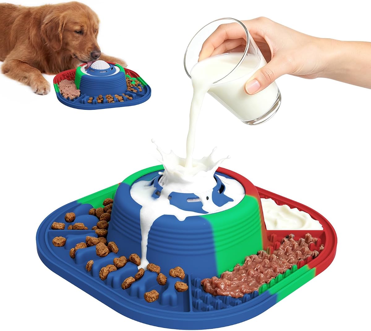 Dog Lick Bowl with Interactive Rolling Ball & Slow Feeder, Colorful | Dog Lick Mat with Non-Slip Base for Bone Broth, Yogurt, Peanut Butter & Liquid Treats, Small, Medium & Large Dogs