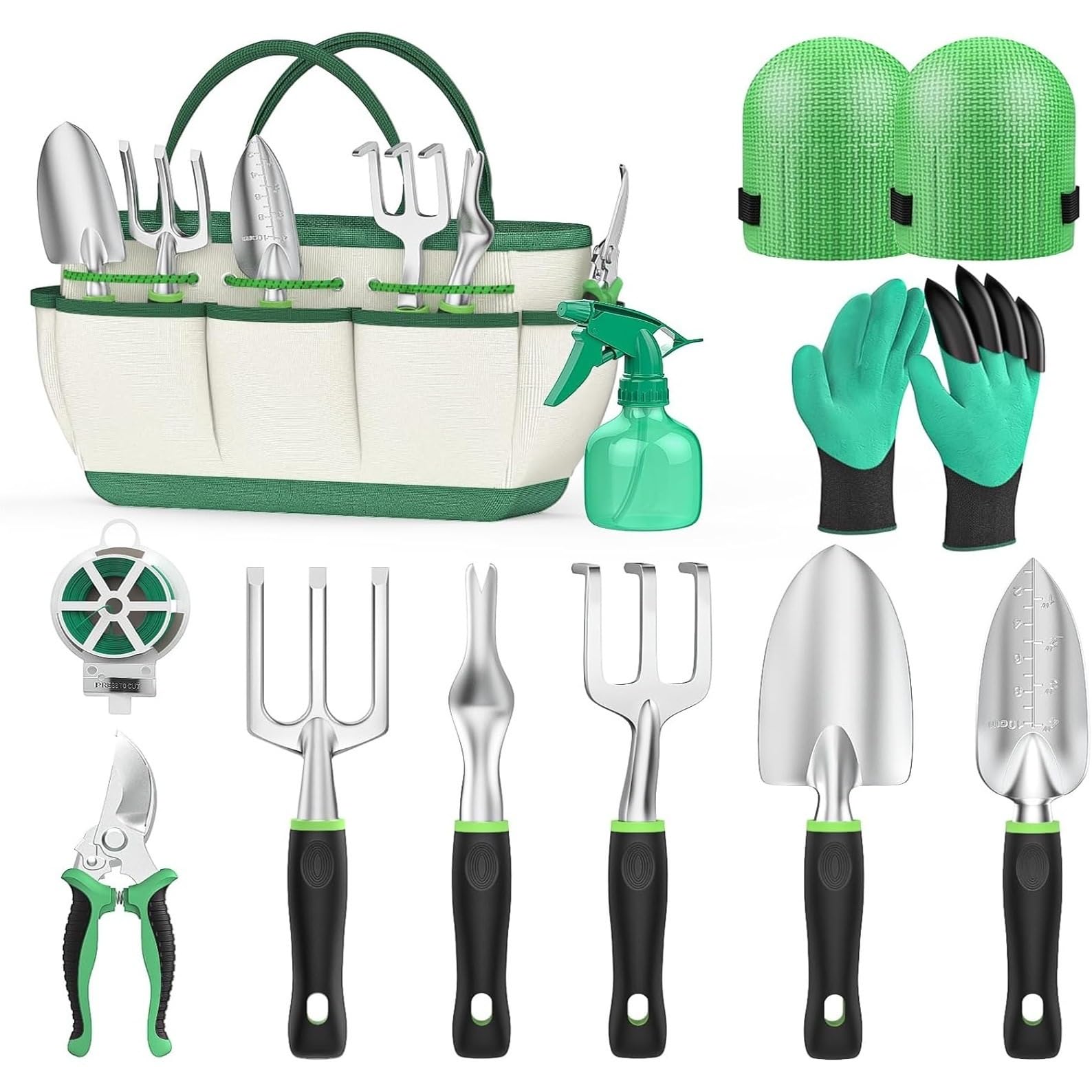 Set di attrezzi da giardinaggio da 11 pezzi, in alluminio resistente, con borsa per riporre fiori, forniture da giardinaggio antiruggine, perfetto per donne e uomini (vaso rotondo verde)