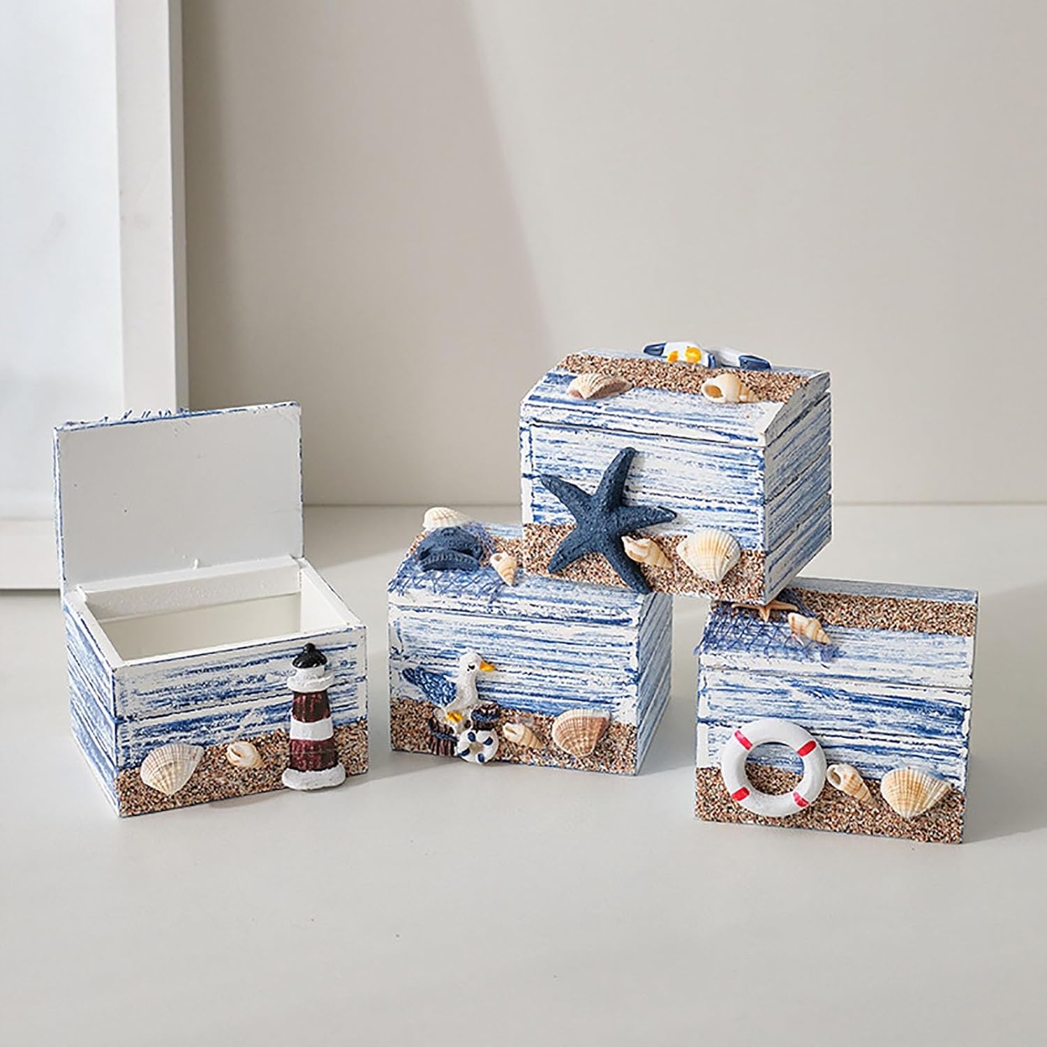 Coastal Wooden Trinket Box, Handcrafted Nautical Trinket With Anchor And Starfish, Cute Wood Box With Starfish And Shells Decor, Jewelry Storage Organizer(A)