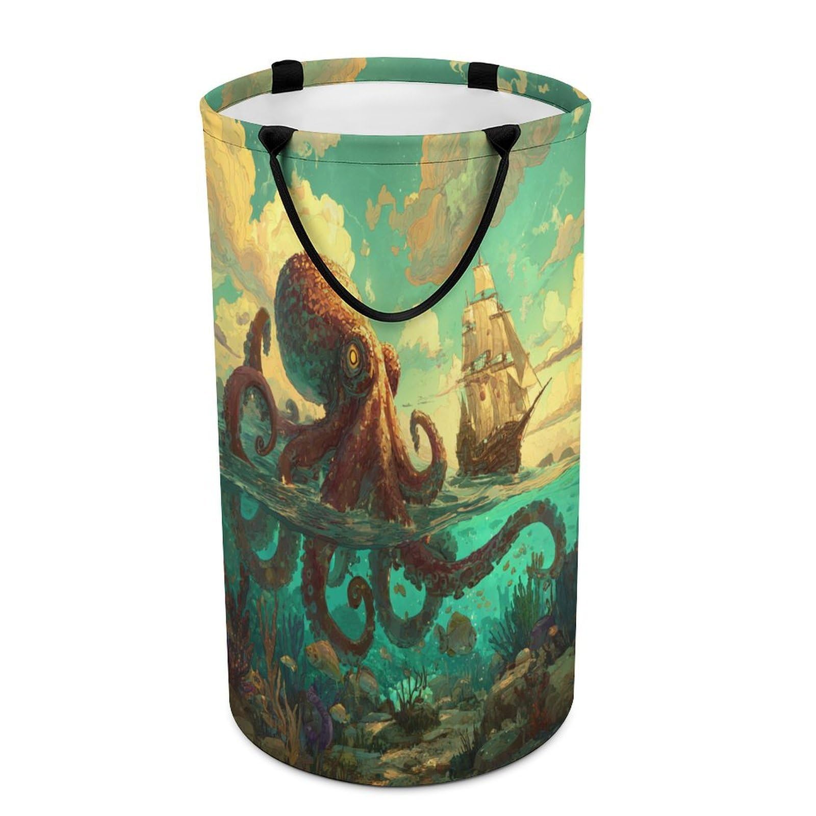 LUYYSKY Classic Abstract Sea Octopus Collapsible Dirty Clothes Basket, Vintage Realistic Underwater Animal Octopus Fish Pirate Ship Portable Clothes Storage Laundry Basket-40 CM Dia, 69 CM High