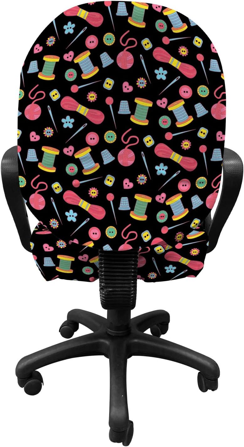Ambesonne Hobby Office Chair Slipcover, Colorful Sewing Tools on The Dark Background Handicraft Needlework Knit Theme, Decorative Stretch and Washable Fabric Cover, Standard Size, Multicolor Pink