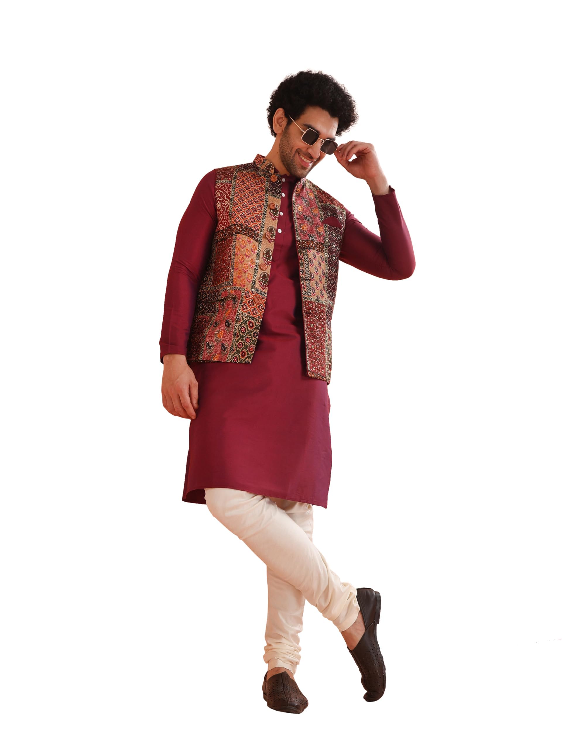 Men's Kurta Jacket Dhoti Set, Black Cotton Blend, Jacquard Regular Fit Mandarin Collar Long Sleeves-image-24