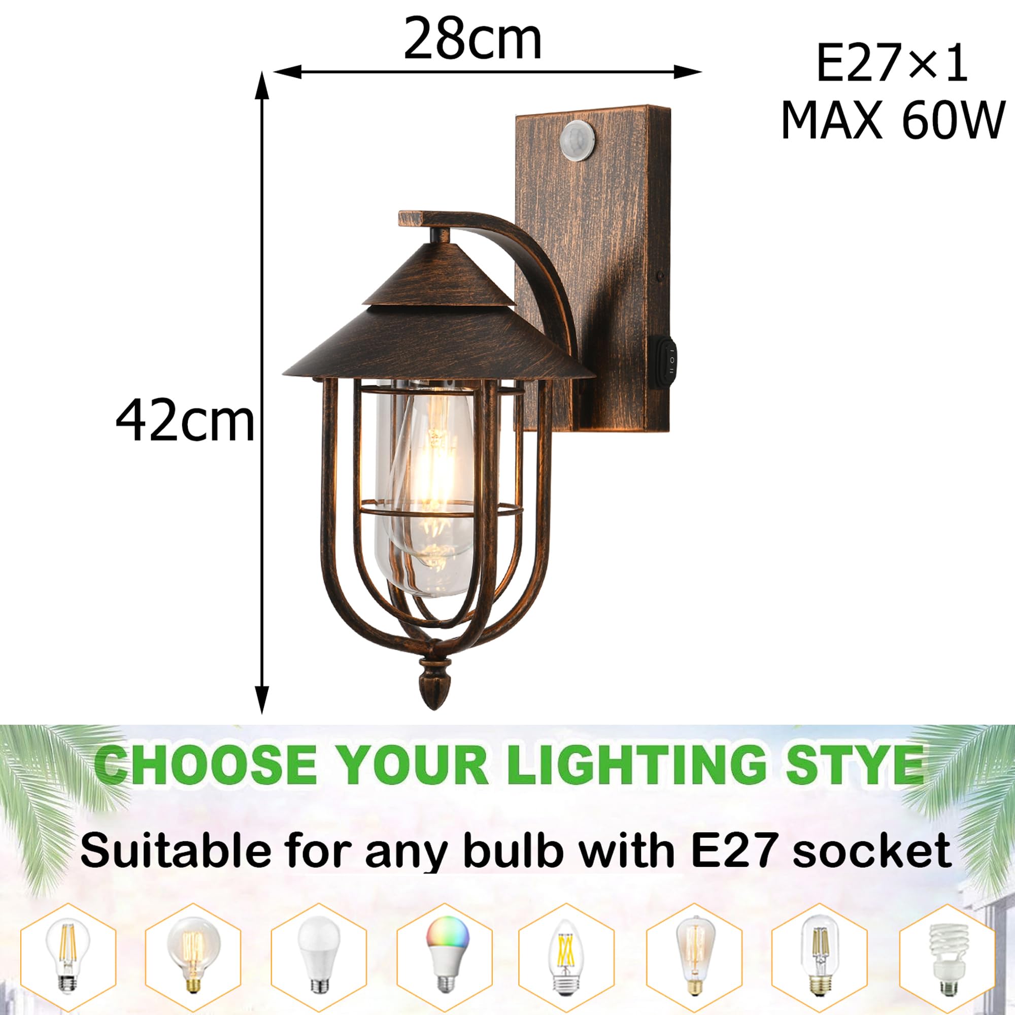 Aussenlampe mit Bewegungsmelder Vintage Schwarz Gold Außenlampe Wand | Außenleuchte mit 3 Beleuchtungsmodi, IP65 Wasserdichte Außenlampe aus Metall Käfig, Lampe mit Bewegungsmelder Aussen
