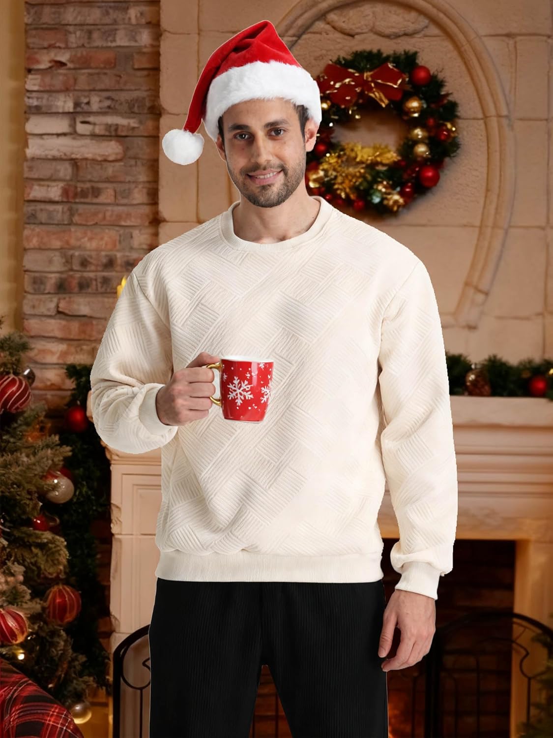 Men's Texture Crewneck Sweatshirt Geometric Long Sleeve Pullover Shirts Casual Lightweight Sweatshirts - Image 3