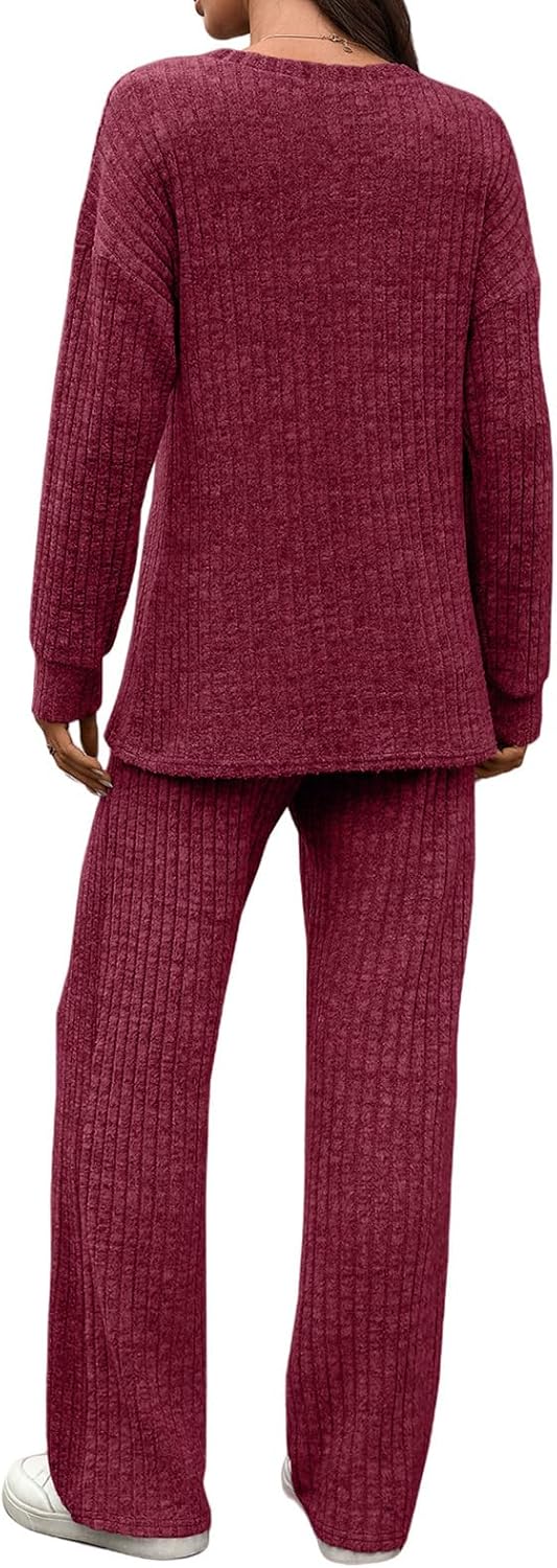 Pajamas for Women Set 2 Piece Ribbed Knit Sweater Lounge Sets Long Sleeve Tops Wide Leg Pants Soft Sleep Wear Pj Sets