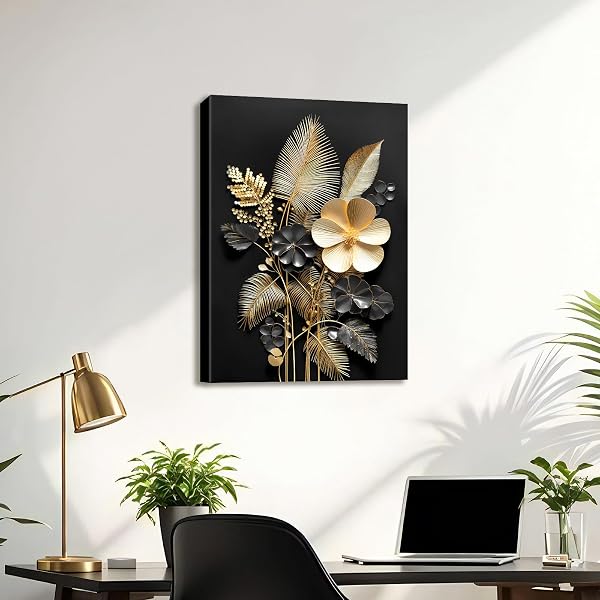 Cadre en Bois Impression sur Toile Fleurs 3D Or Noir Tableau Image sur Toile Affiche Bouquets Tropicaux de Feuilles de Cocotier Tableau Decoration Murale Salon Chambre Coucher Salle de Bains 40x60cm - 4