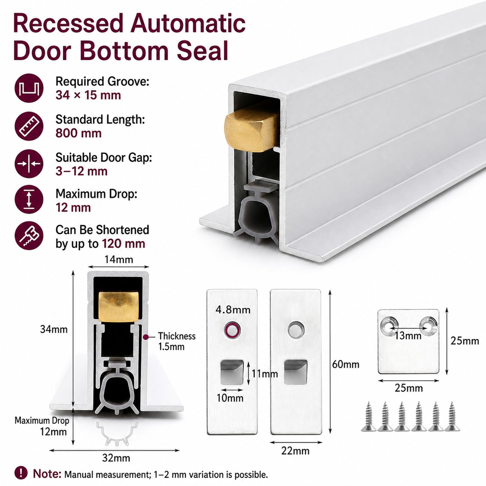 Guarnizione Automatica Sottoporta in Alluminio,Paraspifferi Porta Automatico Sollevabile,Paraspifferi Automatico,Riduzione del Rumore,per La Parte Inferiore della Porta