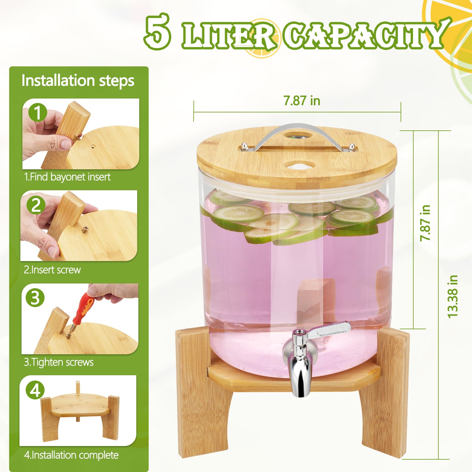 Dispenser per bevande in vetro borosilicato resistente alle alte temperature, con coperchio a bocca larga, barattolo per bevande calde con supporto in bambù, per succhi di frutta, acqua, tè