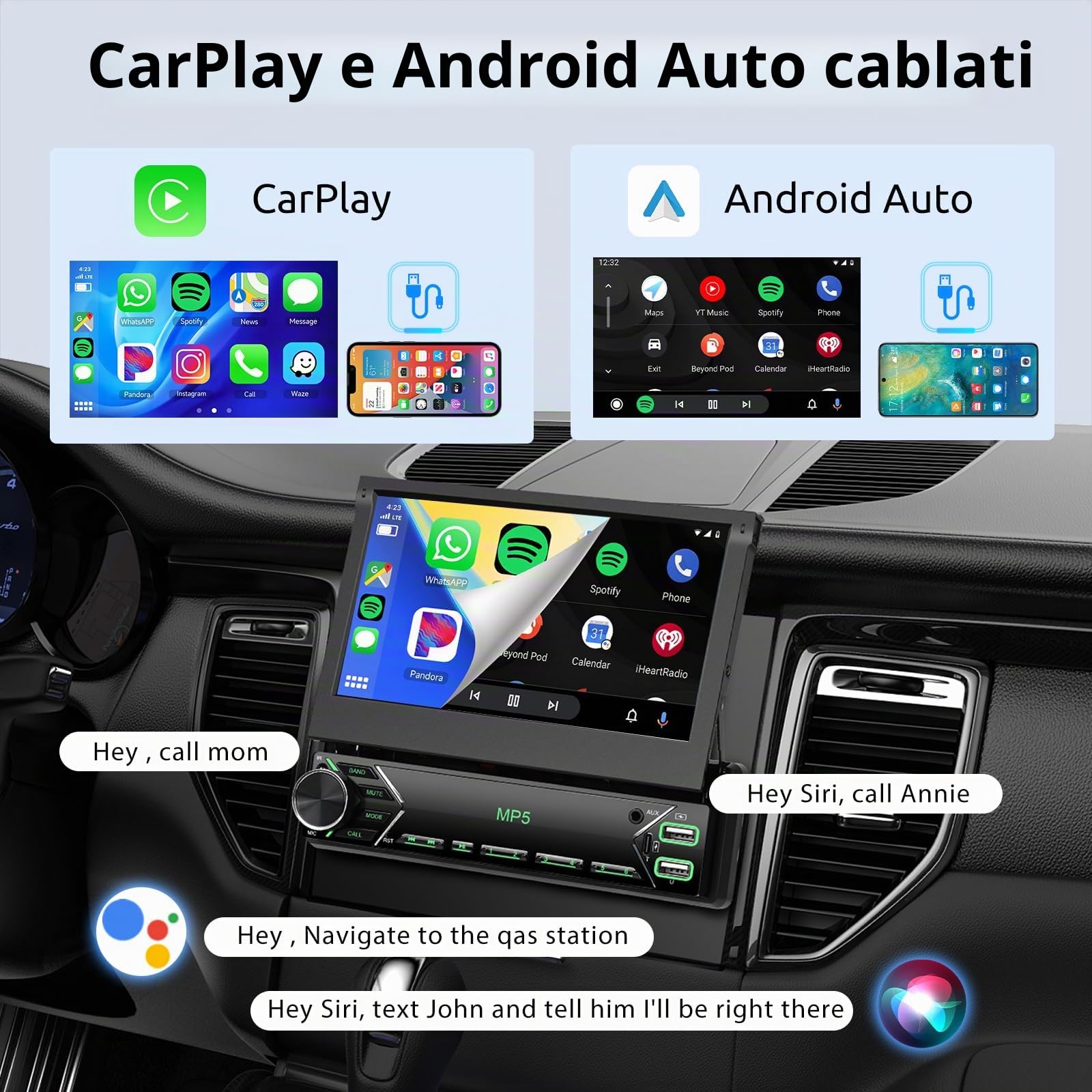 VECHTEL Autoradio 1 Din con wired Carplay Android Auto, Schermo Tattile Pieghevole da 7 Pollici IPS Bluetooth Stereo Auto, Radio FM, Mirror Link, USB, SWC, Mic, Telecamera Posteriore