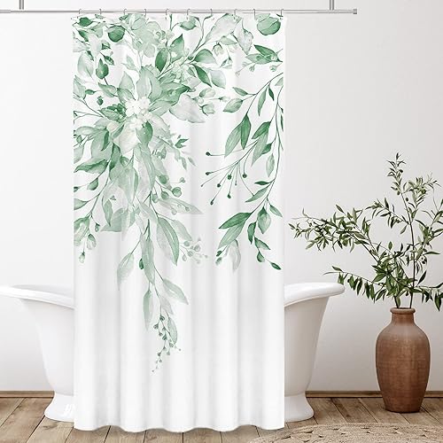 Vista 221 de Tititex - Juego de cortinas de ducha de eucalipto verde oliva, hojas de acuarela en la parte superior con decoración floral de baño, 60 x 72 Hojas