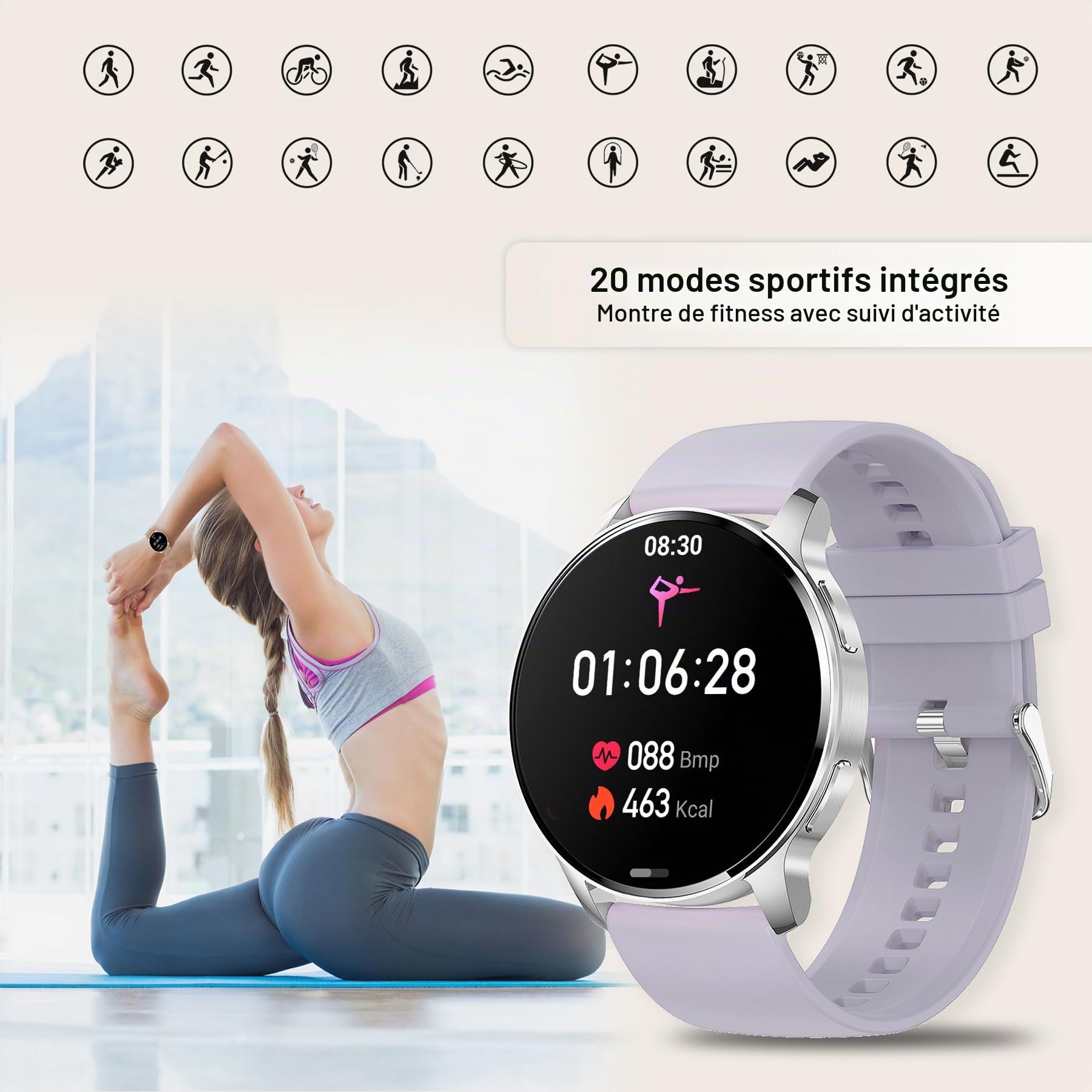 Montre intelligente pour homme et femme avec appels et réponse, notifications de message, 1,32" Montre de fitness numérique, 20 sport SpO2 sommeil cardiofréquencemètre, Android iOS Smart