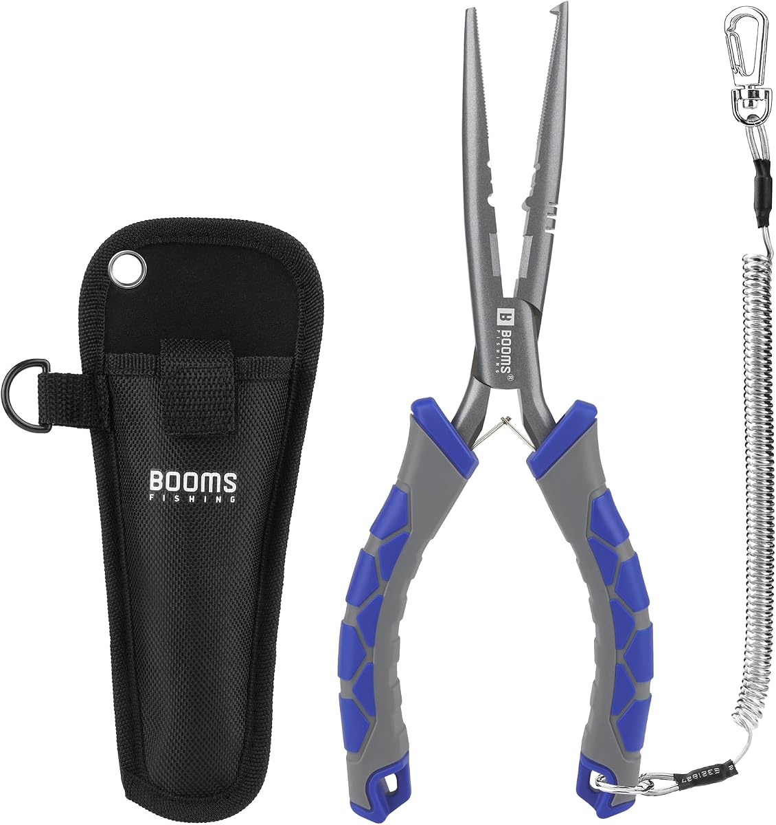 Alicates de punta de aguja de pesca: alicates para peces de gancho de punta larga y anillo partido de 9"con cordón y funda - Equipo de pesca de agua salada multifunción XW10, azul y gris