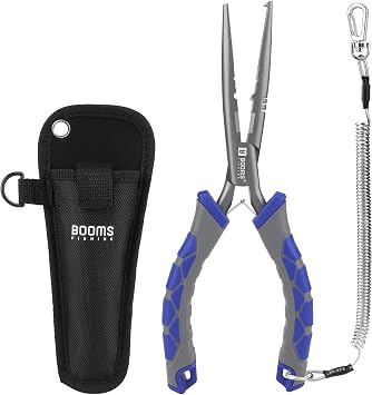 Booms Fishing Needle Nose Pliers 9" Long Nose Hook Remover and Split Ring Fish Pliers with Lanyard and Sheath - XW10 Multi-Function Saltwater Fishing Gear, Blue & Gray