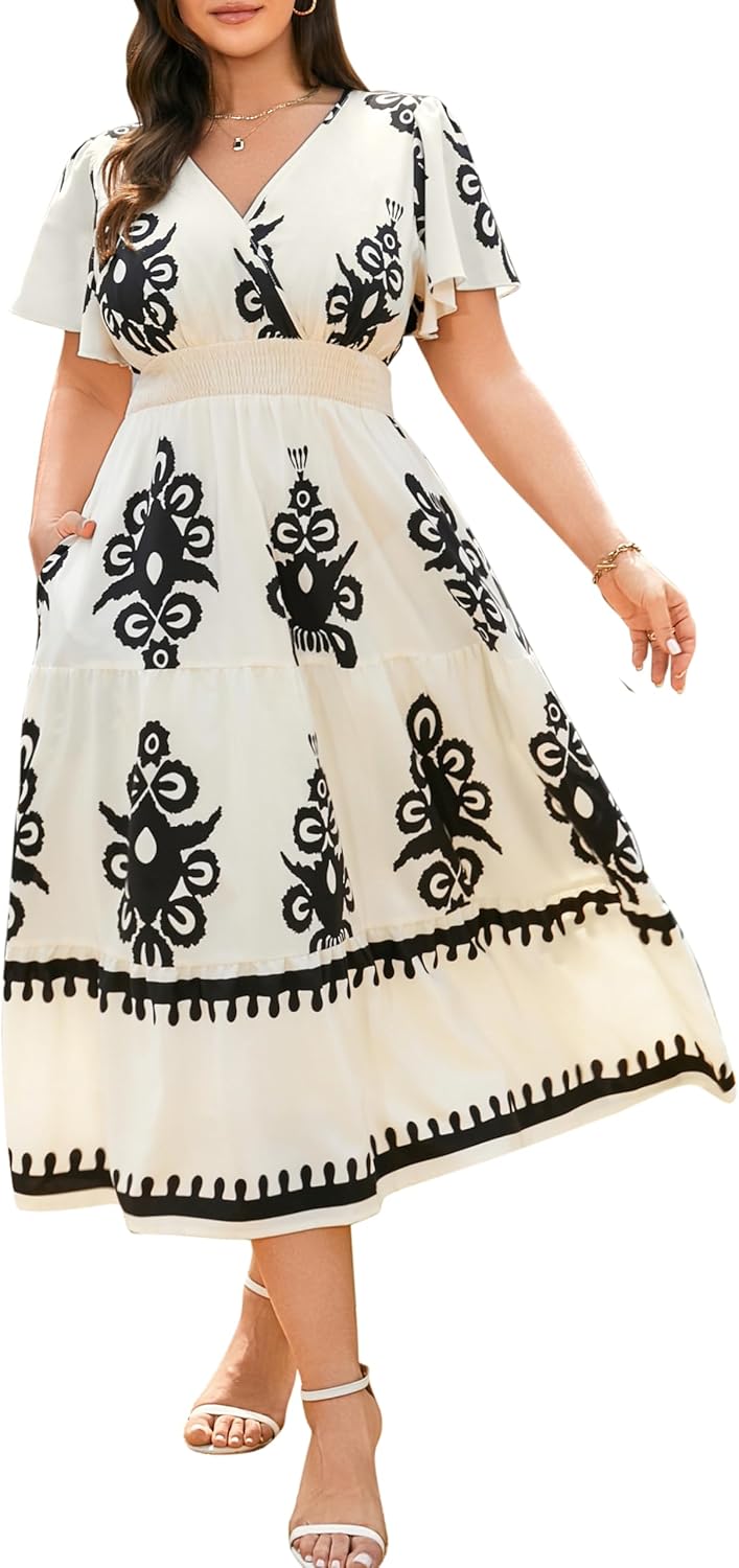 Floral Maxi Dress Women's Wrap V Neck Plus Size Dresses Short Sleeve High Waist A Line Flowy Summer Casual Boho Party Beach Vacation Dress with Pockets Beige Floral XL