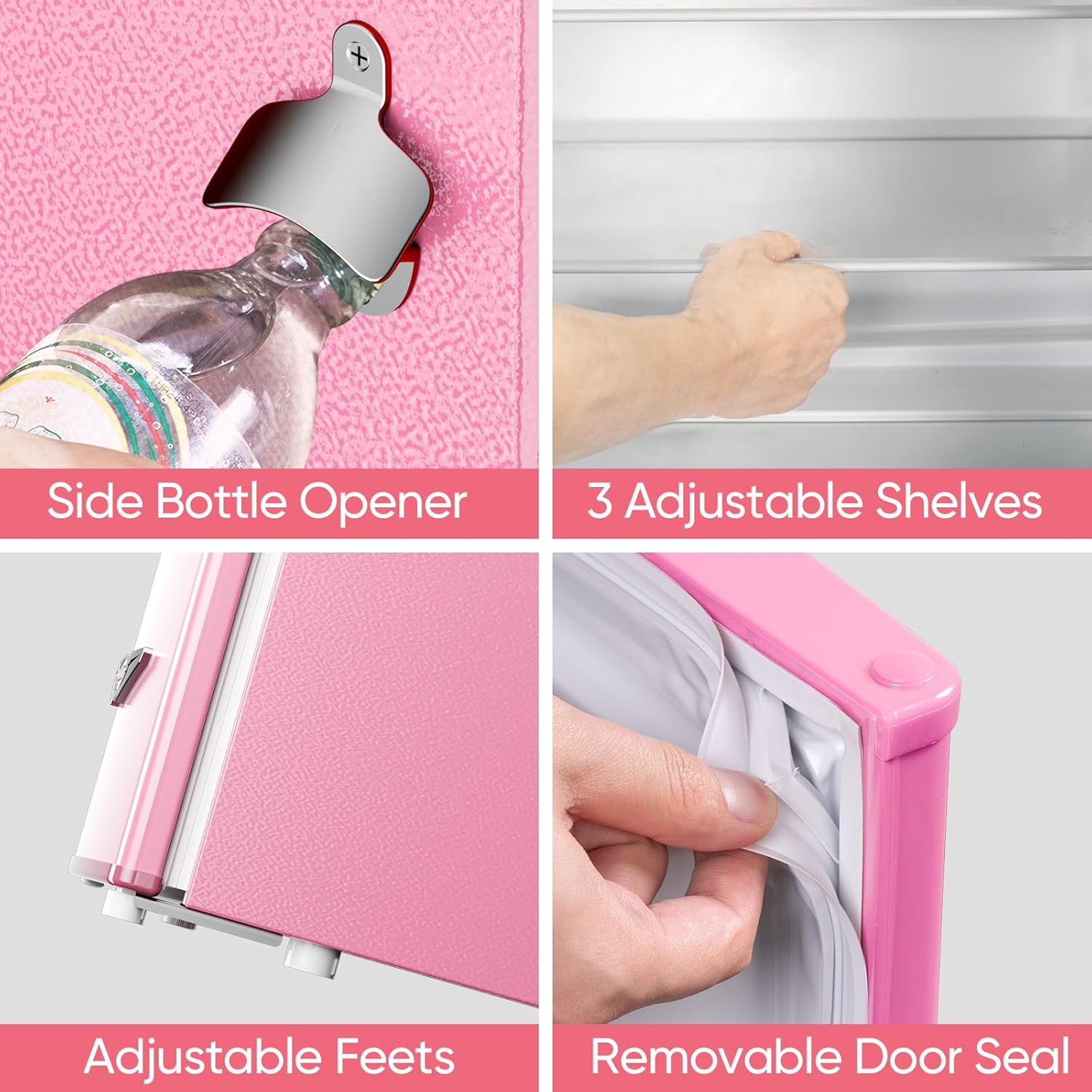 Upstreman 3.2 Cu.Ft Retro Mini Fridge with Bottle Opener, Energy Saving, Adjustable Thermostat, Metal Handle, LED Lamp, Mini Refrigerator for Bedroom, Office, Dorm-BR321 PRO (Pink)