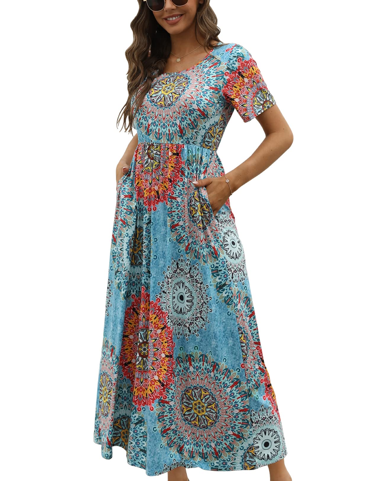 CHERFLY Vestido Casual Verano para Mujer Vestido Largo Mangas Cortas con Bolsillos