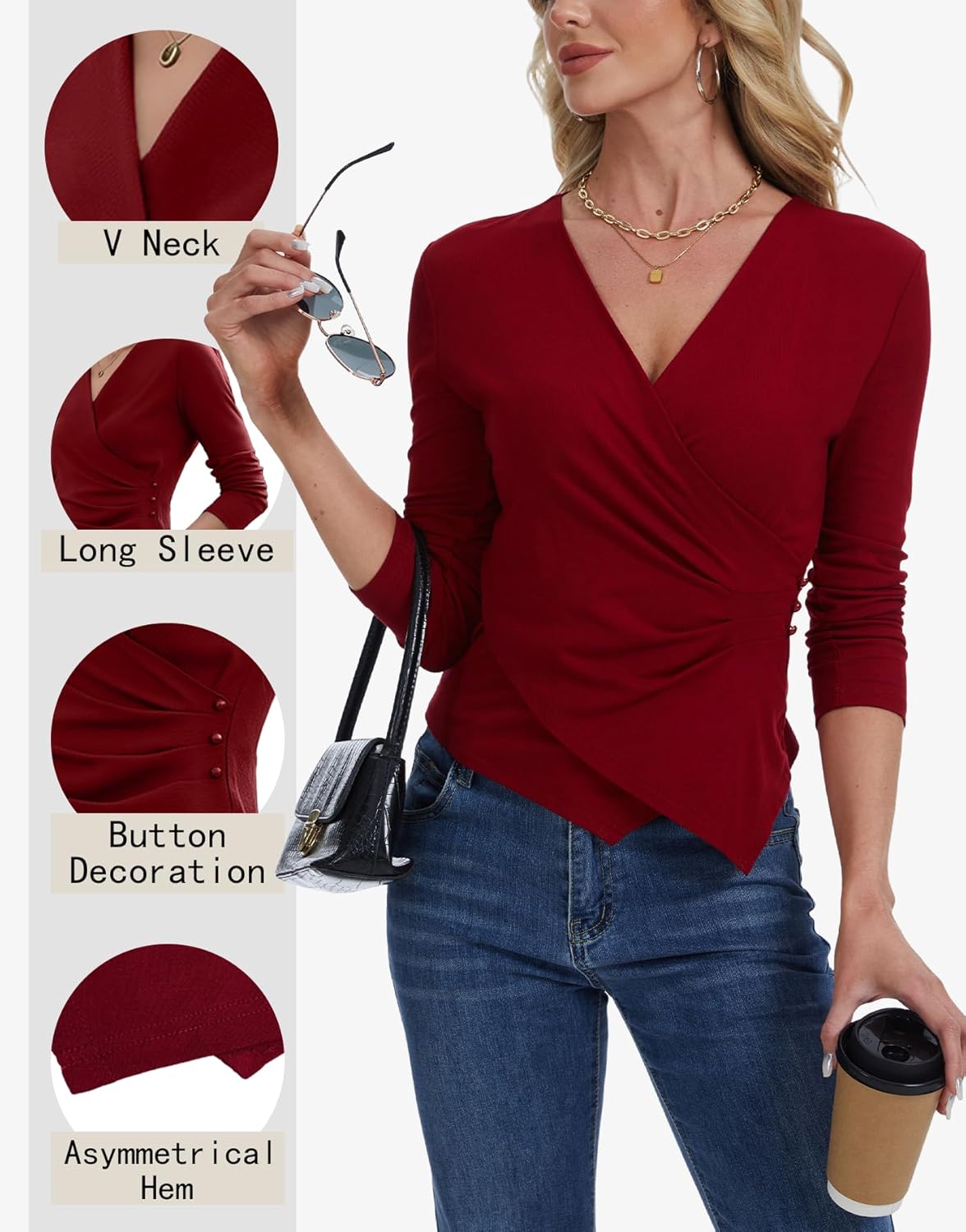 Womens Long Sleeve Wrap Tops, Casual V Neck Cross Wrap Top Ruched Asymmetrical Slim Fit Shirts - Image 4