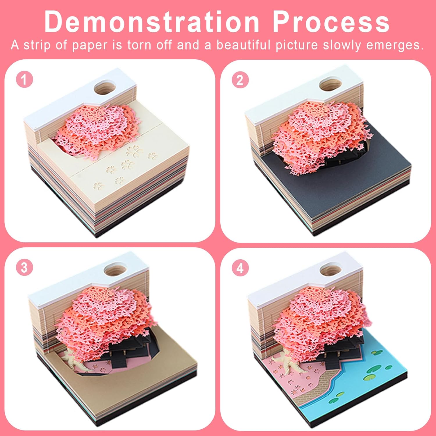 3D Art Memo Pad, Creative Stereoscopic Desk Note, LED Light Non-Sticky Notes Convenience Post Notes, Tear-Away 3D Paper Carving Art Note Pad, Temple of Heaven Sculpture Decoration Gift (Sakura Tree)