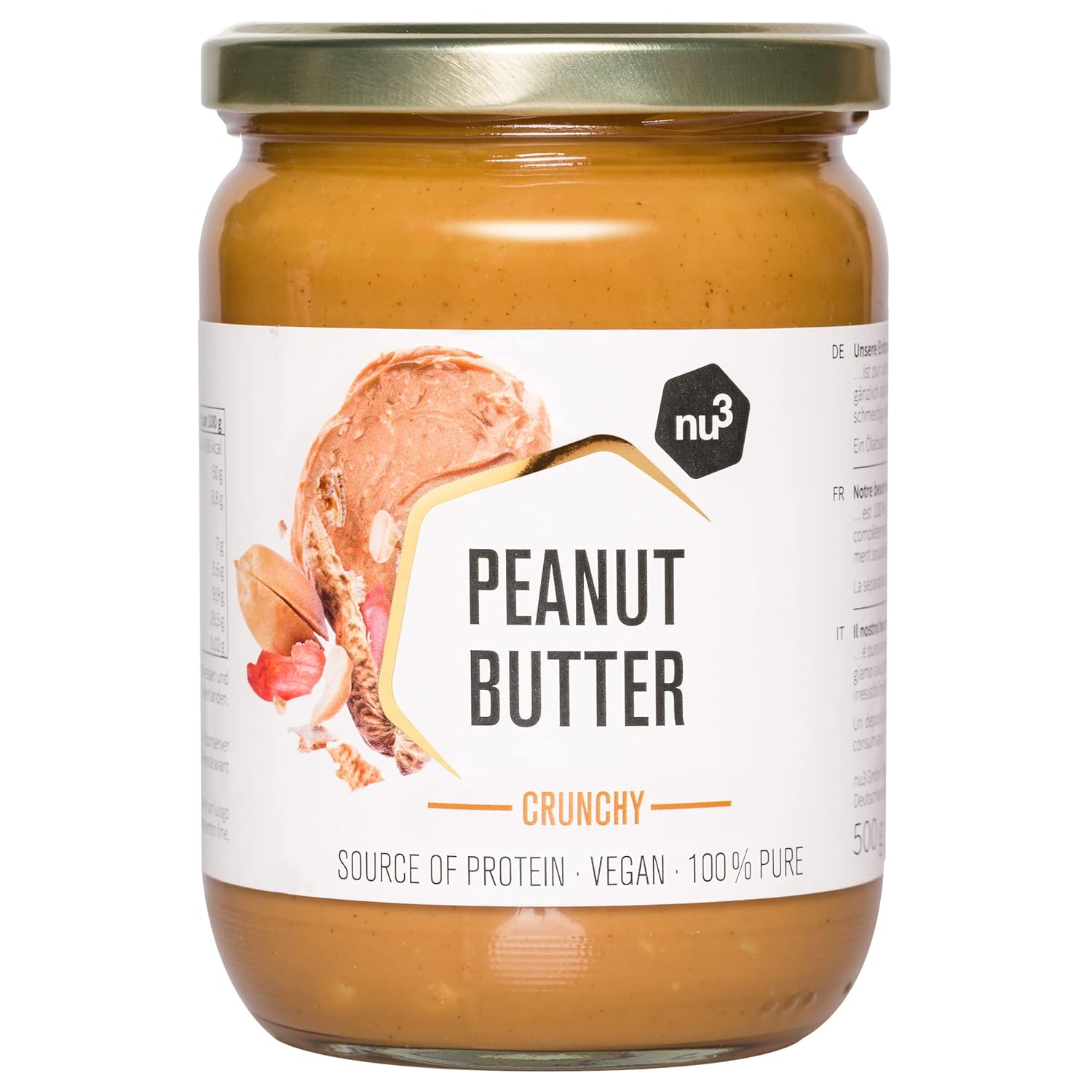 nu3 Vegan Protein Erdnussbutter ohne Zucker (500g, crunchy) mit 28g Protein pro 100g Peanut