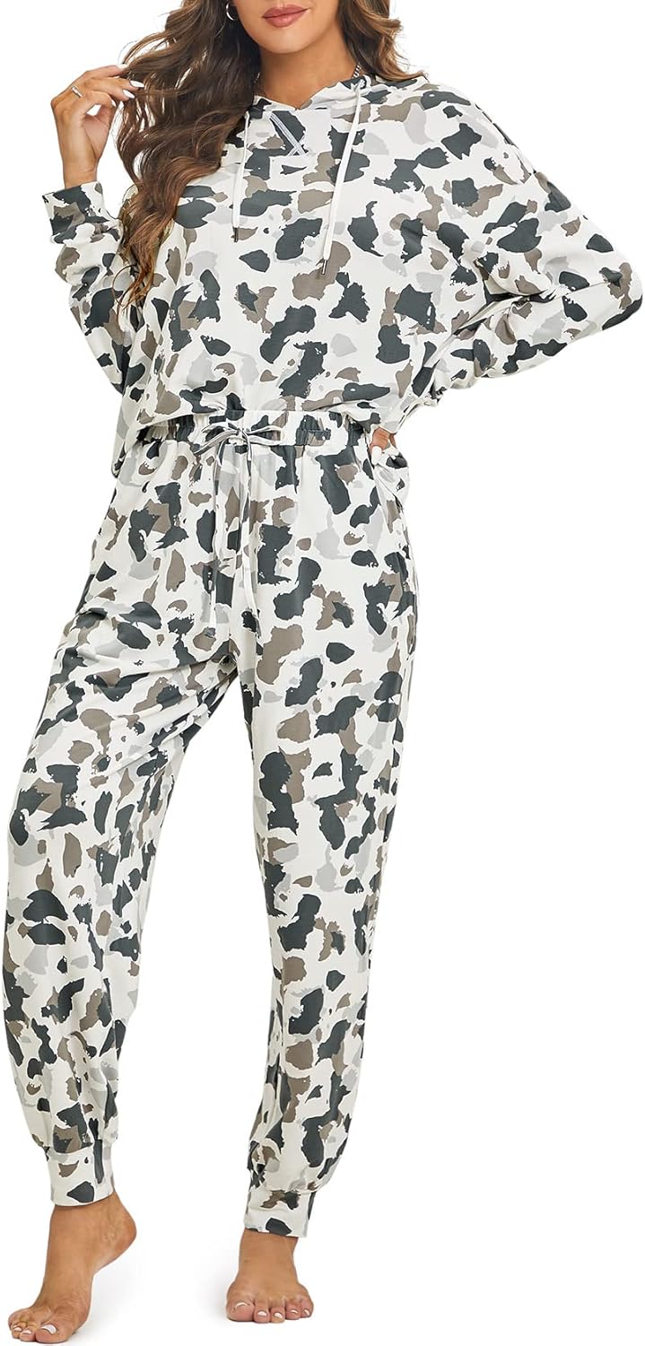 DOBREVA Women's Pajama Sets Long Sleeve Hoodie PJ Pockets Pants Tie Dye Two Piece Sleepwear Loungewear Sweatshirt