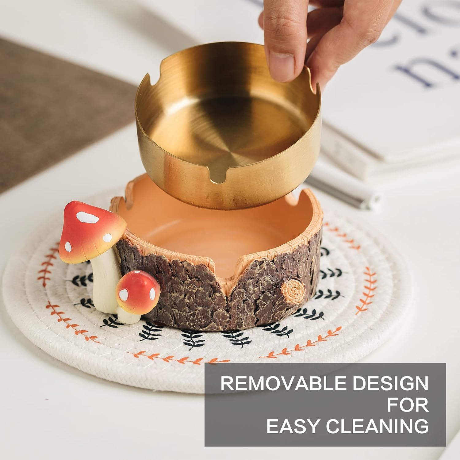 Cute Mushroom Ashtray with Stainless Steel Tray for Cigarette, Natural Resin Ash Tray for Indoor or Outdoor use, Ash Holder for Home and Garden Decor