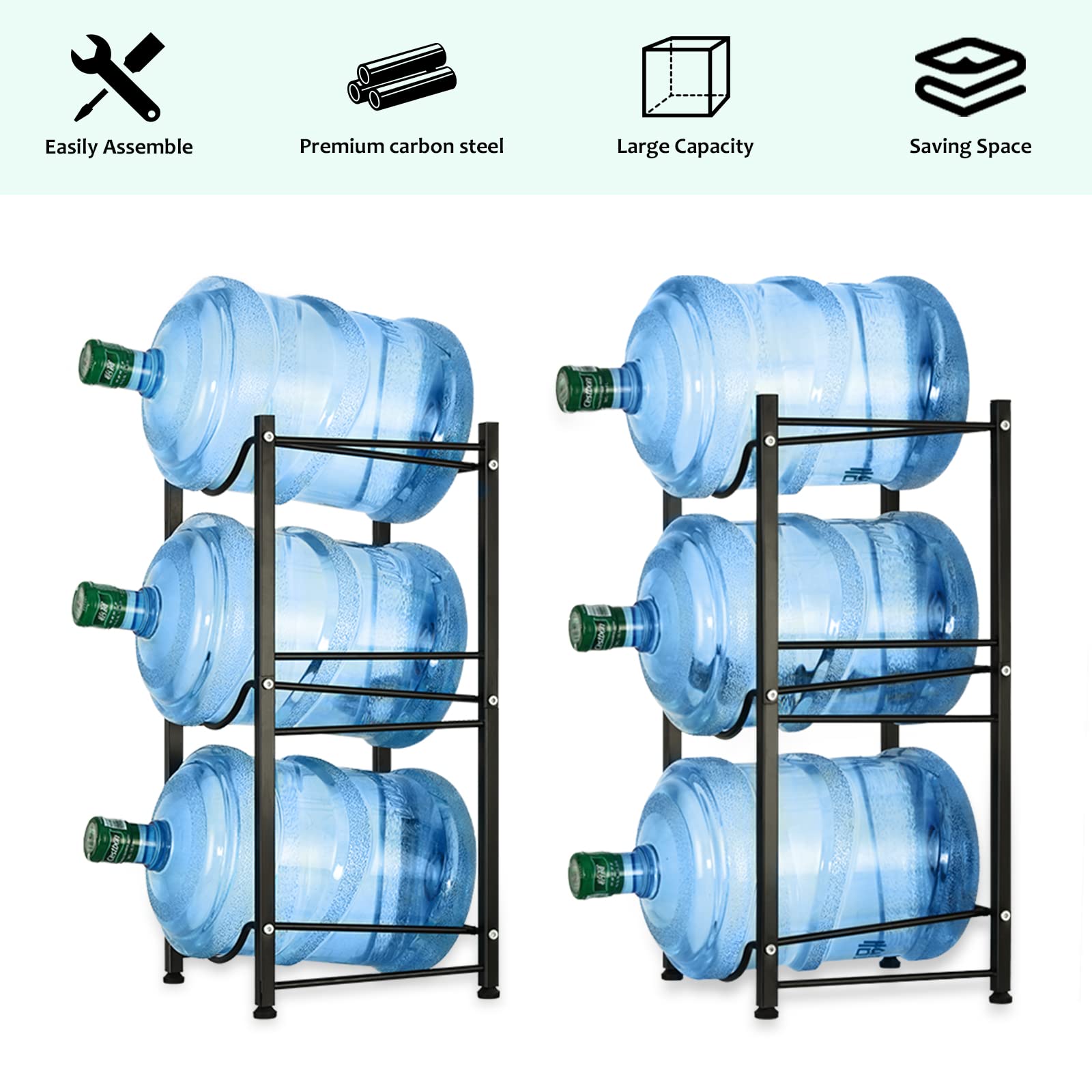 smusei 5 Gallon Water Bottle Holder 3 Tier Water Cooler Jug Rack Shelf Organizer Detachable Heavy Duty Kitchen Water Bottle Storage Rack for Home, Office, Black