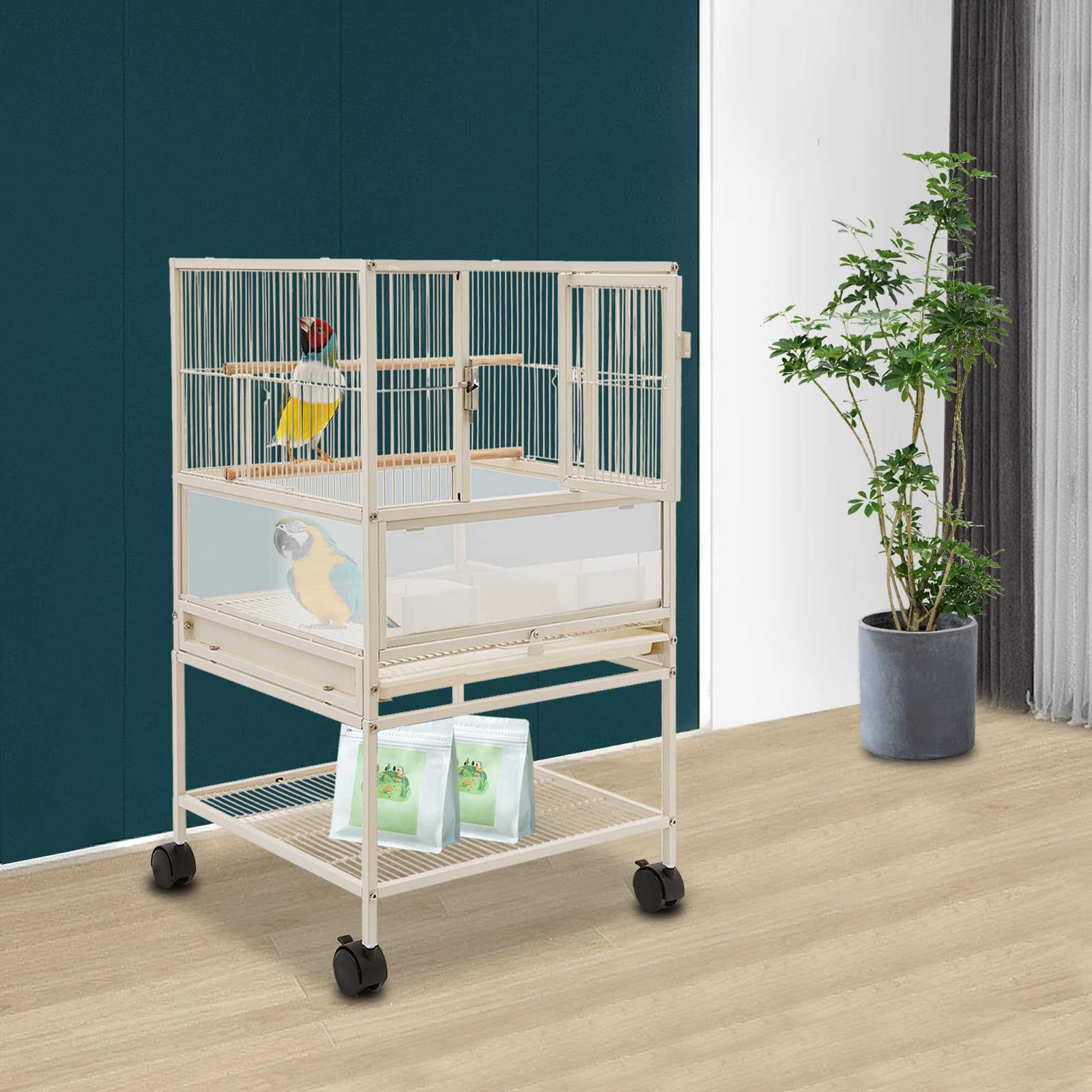 Jaula para periquitos, jaula para loros, jaula de pájaros, jaula de pájaros, con 4 ruedas, 2 comederos y 1 diagrama de instalación para pájaros pequeños y medianos como periquitos y ninfas