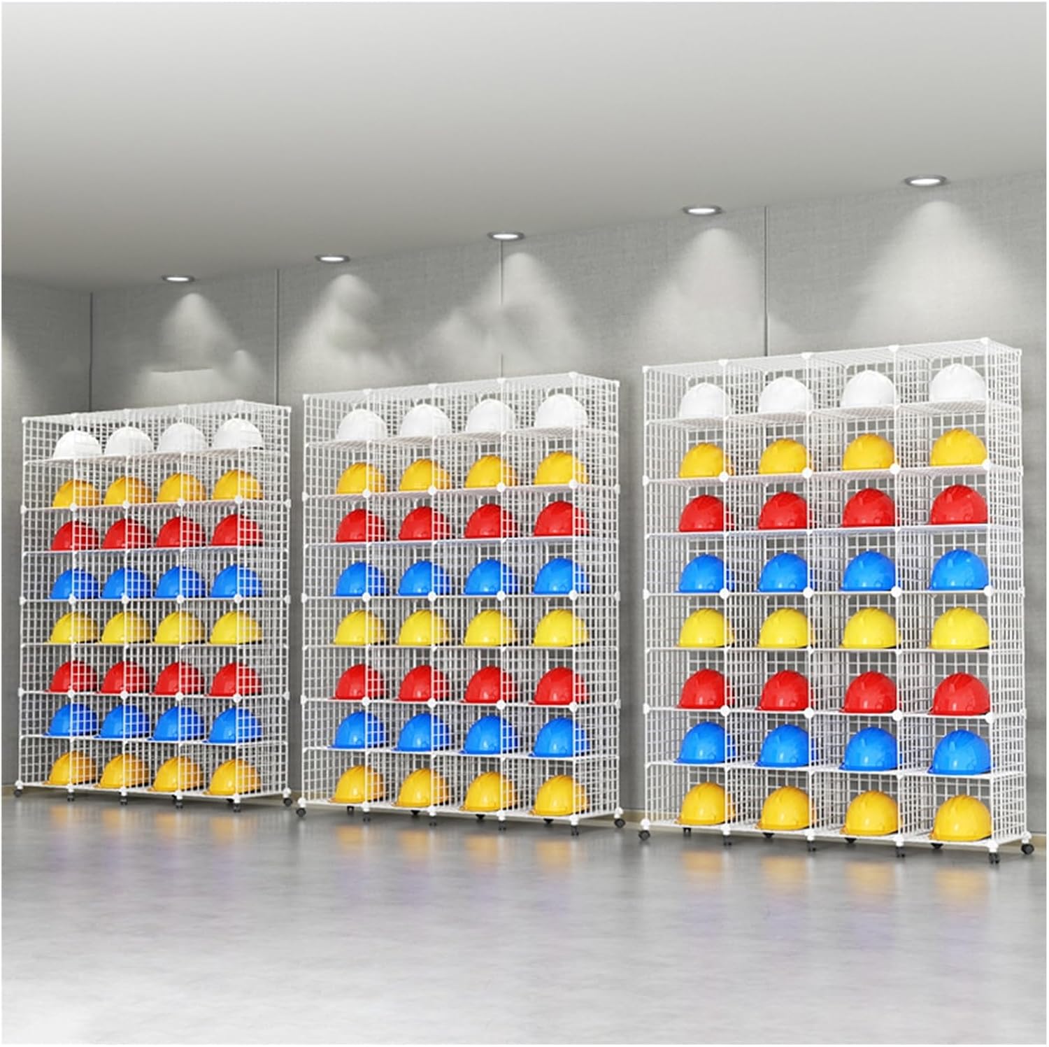 3 Pcs Extra Large Capacity Floor Standing Helmet Holder & Hard Hat Display Stand, Black/White Splicing, 32 Cube Wire Shelving for Organizing Gear & Safety Equipment