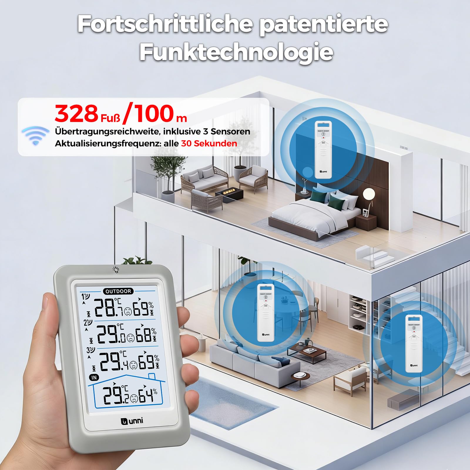 Thermometer für den Innen- und Außenbereich, kabellos, 11,4 cm Display, digitales Hygrometer, Thermometer, Temperaturfeuchtigkeitsmonitor mit 100 m Reichweitensensor und einstellbarer
