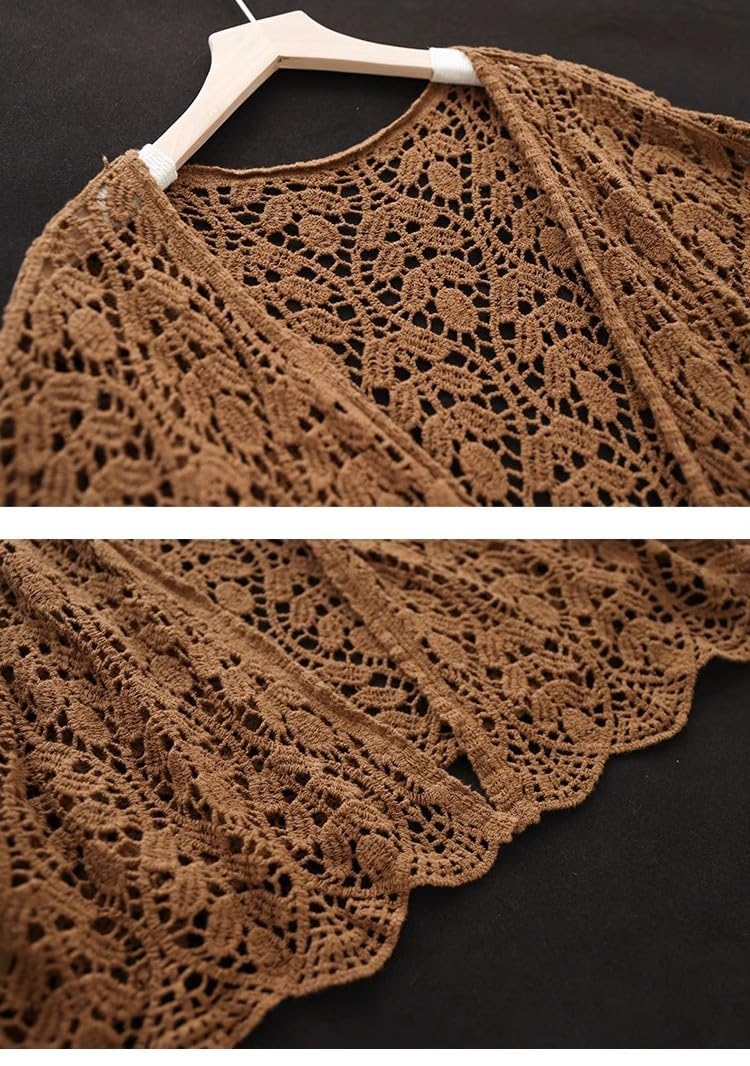 Bolero Ligero De Encaje Calado para Mujer, Cárdigan con Mangas 3/4 y Abertura Frontal, Elegante Abrigo Corto y Fino De Crochet para Vestido De Noche O Boda.