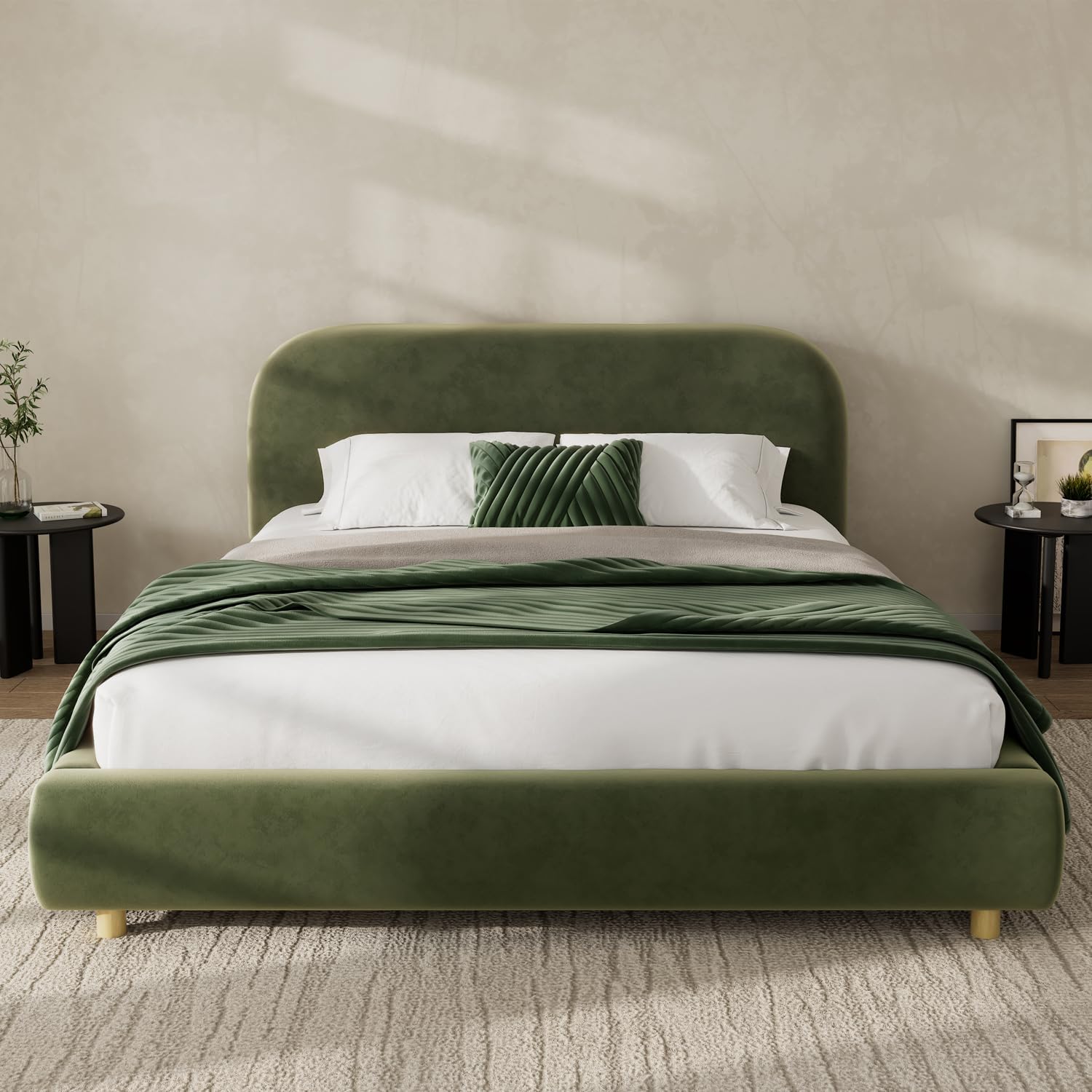 Queen Size Platform Bed with Curve-Shaped Design Headboard, Olive Green Velvet Fabric Upholstered Bed Frame,Low-Profile Beds Frame with Wooden Slat Support (Olive Green+Velvet Queen)