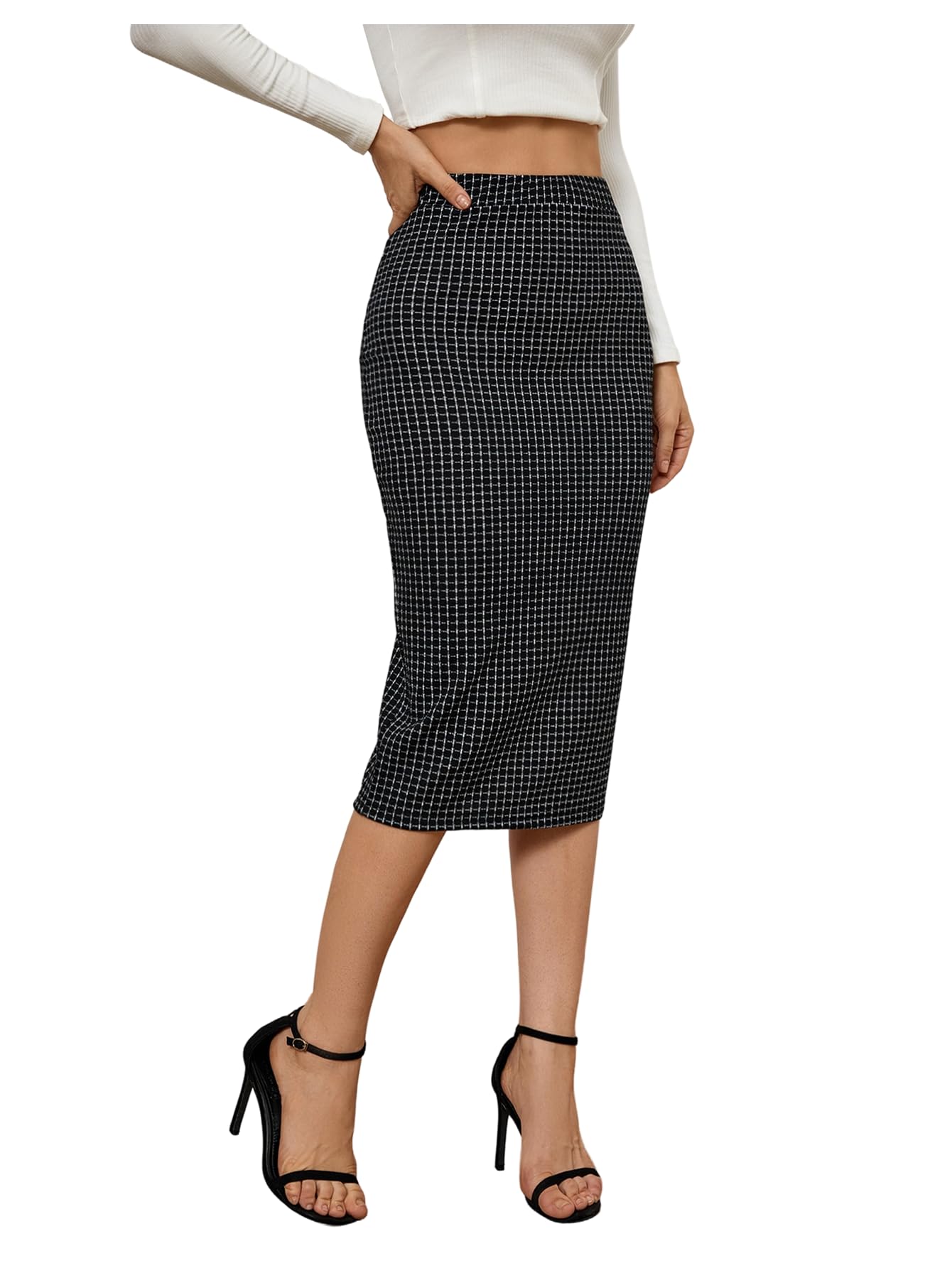MakeMeChic Womens Midi Skirt Plaid High Waist Split Skirts Work Office Going Out Pencil Dresses