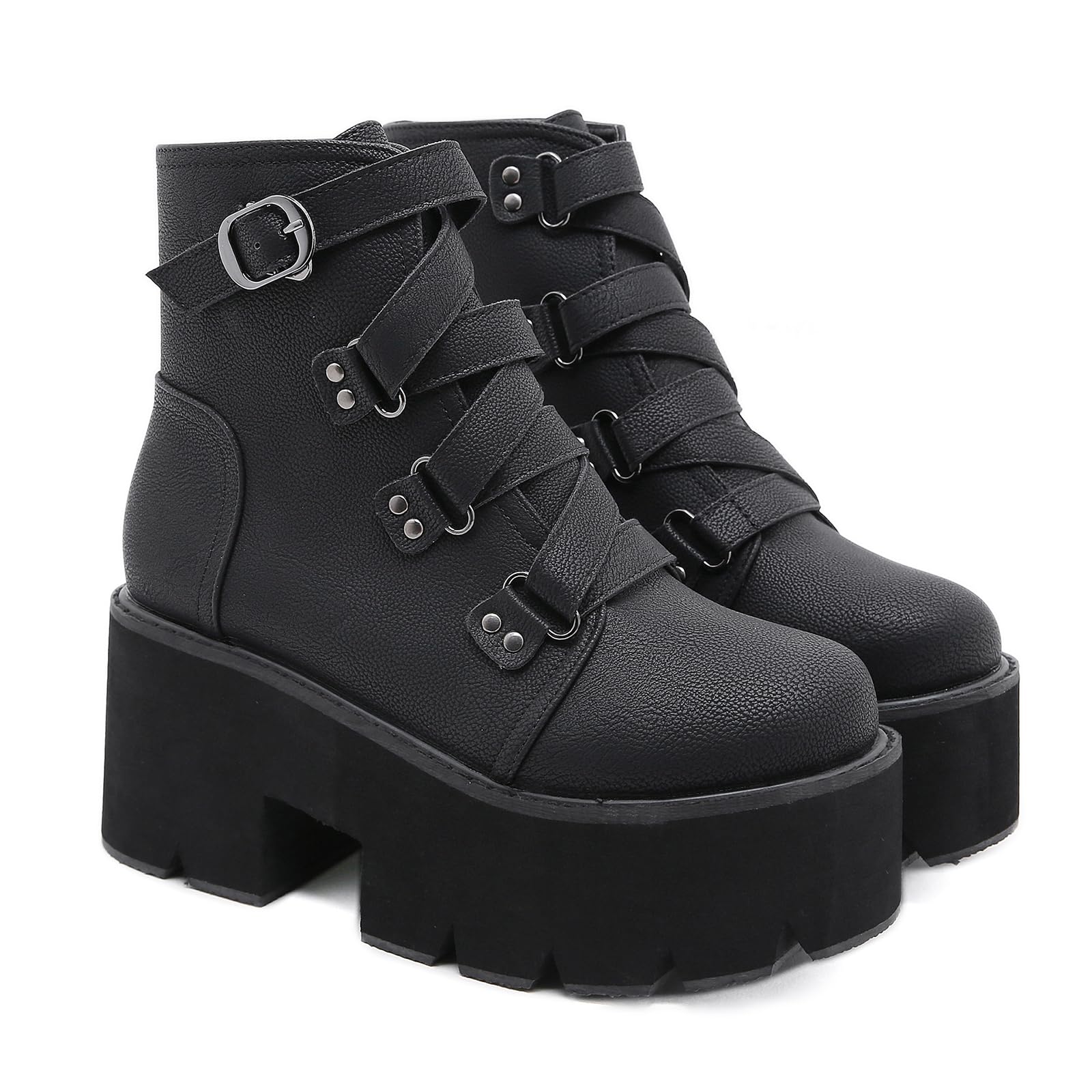 Womens Leather Chunky Platform Combat Ankle Boots Fashionable Round Toe Lug Sole Non-Slip High Heel Gothic Buckle Short