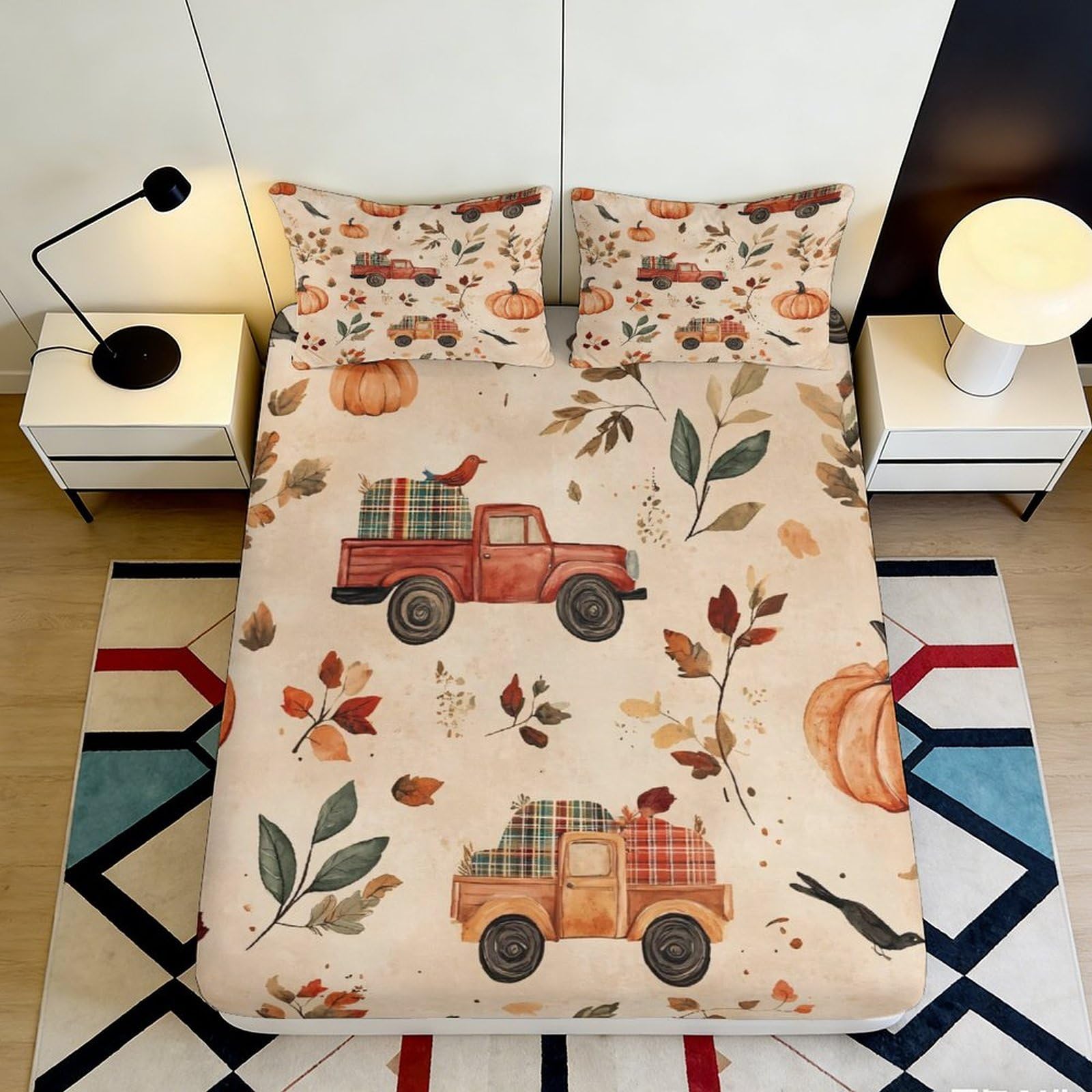 3D Printed Autumn Harvest Truck Fitted Sheet Microfiber Soft Breathable Pumpkin Leaves Bed Cover for Bedroom Guest Room 90x200x25cm
