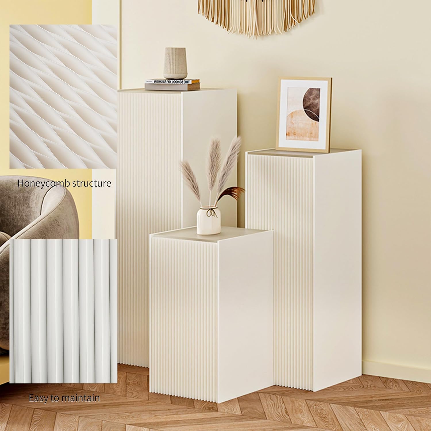 Modern Display Pedestal Set, White Ribbed Design, Versatile Retail Store and Home Decor Stands (H78xW40cm)