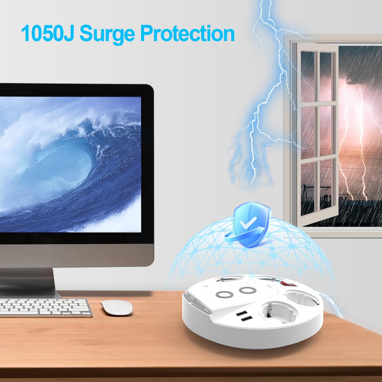 Ciabatta elettrica con USB, multipresa con porte USB C/A, 4 prese e caricatore wireless da 15 W, PD 20 W, protezione da sovratensione con interruttore per ufficio, casa