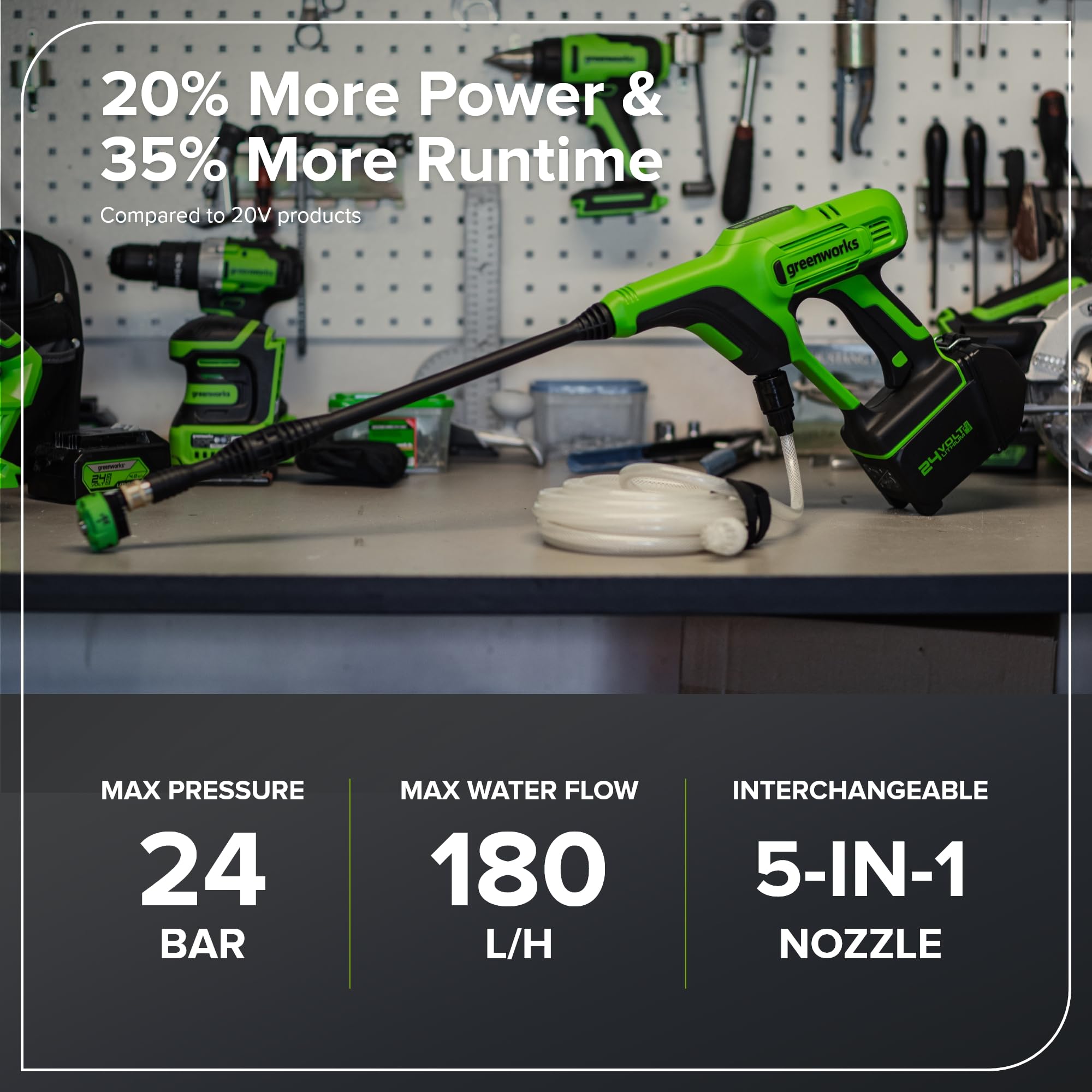 Greenworks Idropulitrice a batteria G24PWK4 (Li-Ion 24V, motore 300 Watt, pressione 24 bar, portata 180 l/h, 5 ugelli spray, tubo di 6 m, con batteria 4Ah e caricatore)