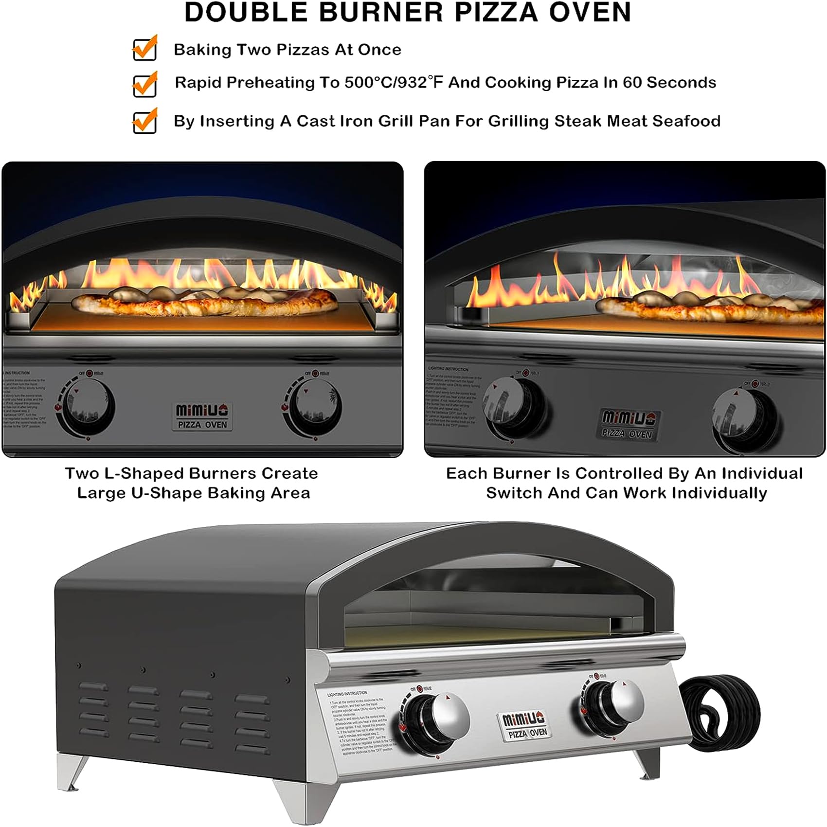 Horno de pizza de gas al aire libre de 25 pulgadas, horno portátil de propano para pizza con piedra de hornear grande - Haz 2 pizzas a la vez - Estufa multifuncional de acero inoxidable para 3