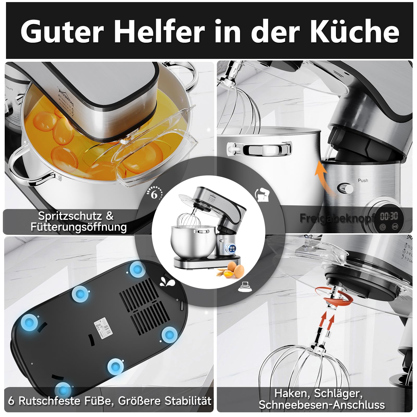 HOMELUX Robot kuchenny 2500 W, maszyna do ugniatania z miską ze stali nierdzewnej o pojemności 12 litrów, 12 stopni prędkości, ekran dotykowy LED, trzepaczka, hak do zagniatania, trzepaczka, szpatułka