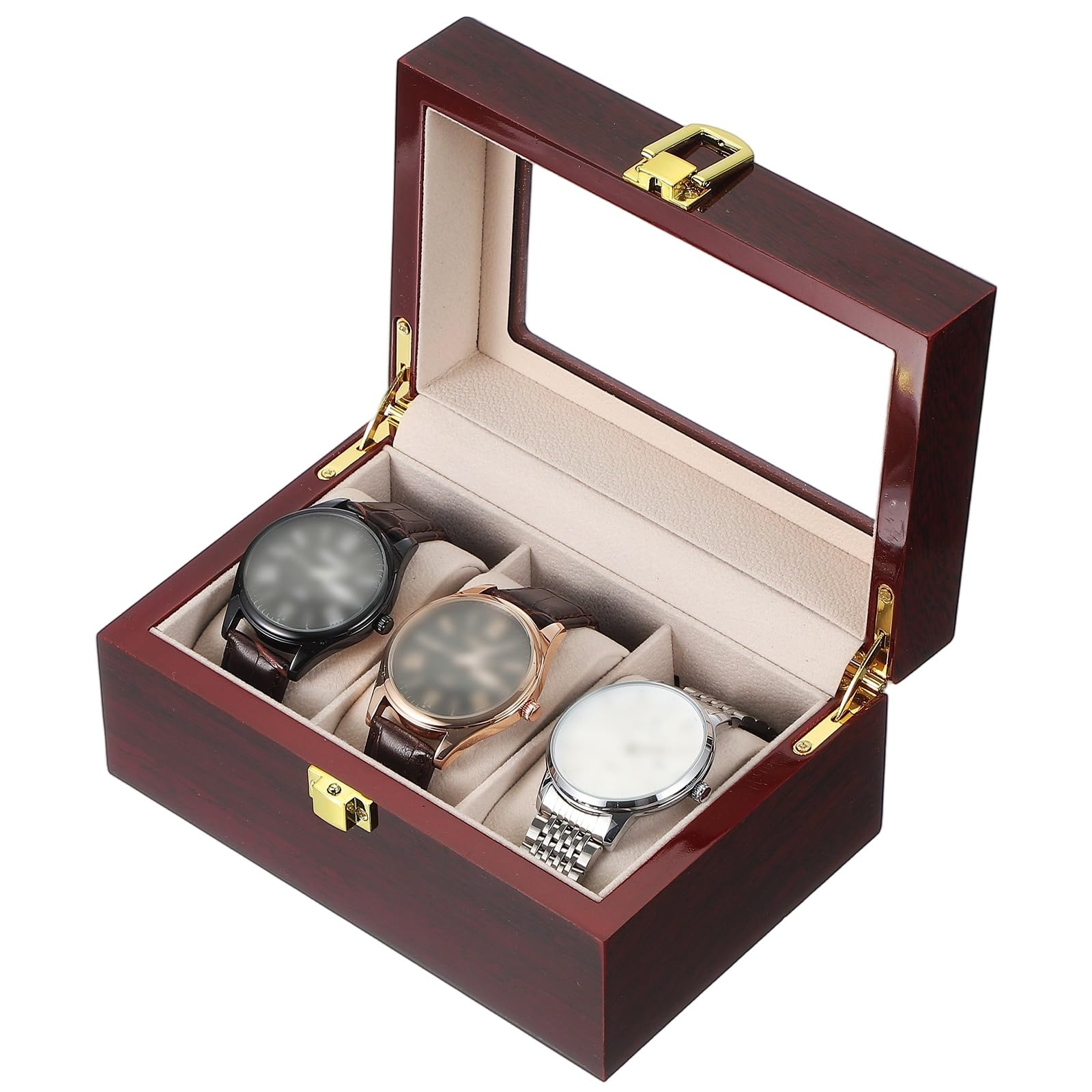 HVMBEUGOS sourcing map 3 Slot Watch Storage Box, Watch Box for Men with Glass Cover, Wooden Watch Box with Removable Watch Pillow, Red