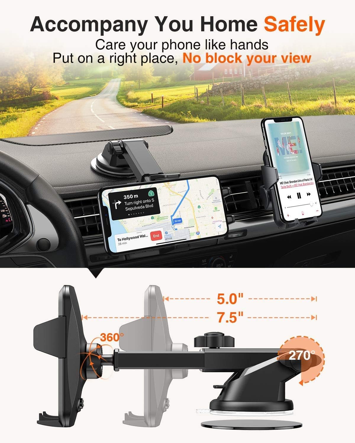 VANMASS phone holder mounted on a dashboard, showing a smartphone displaying navigation, with arrows indicating 360-degree rotation and 270-degree arm adjustment.