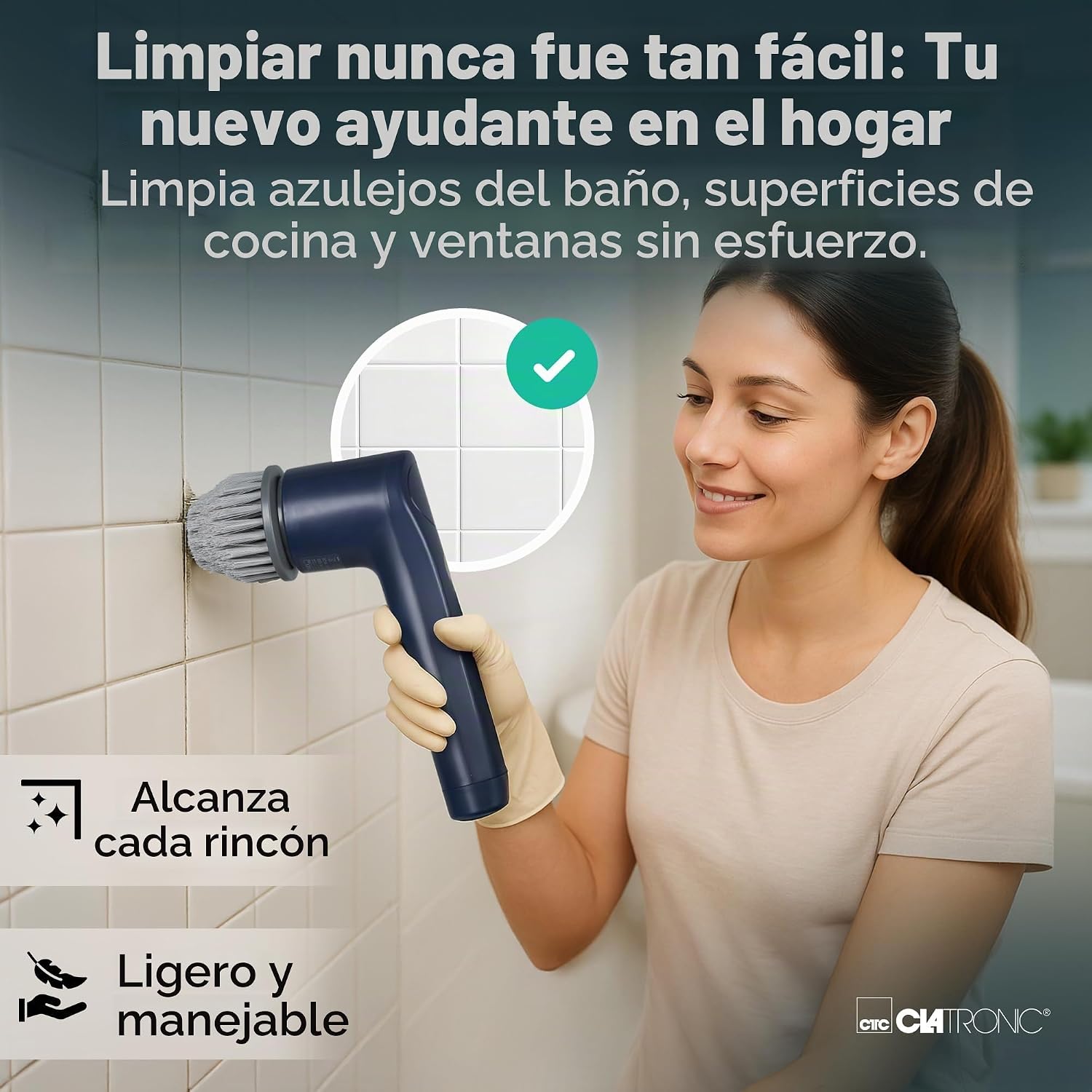A person using the Clatronic ERB 3815 A electric cleaning brush to clean bathroom tiles.