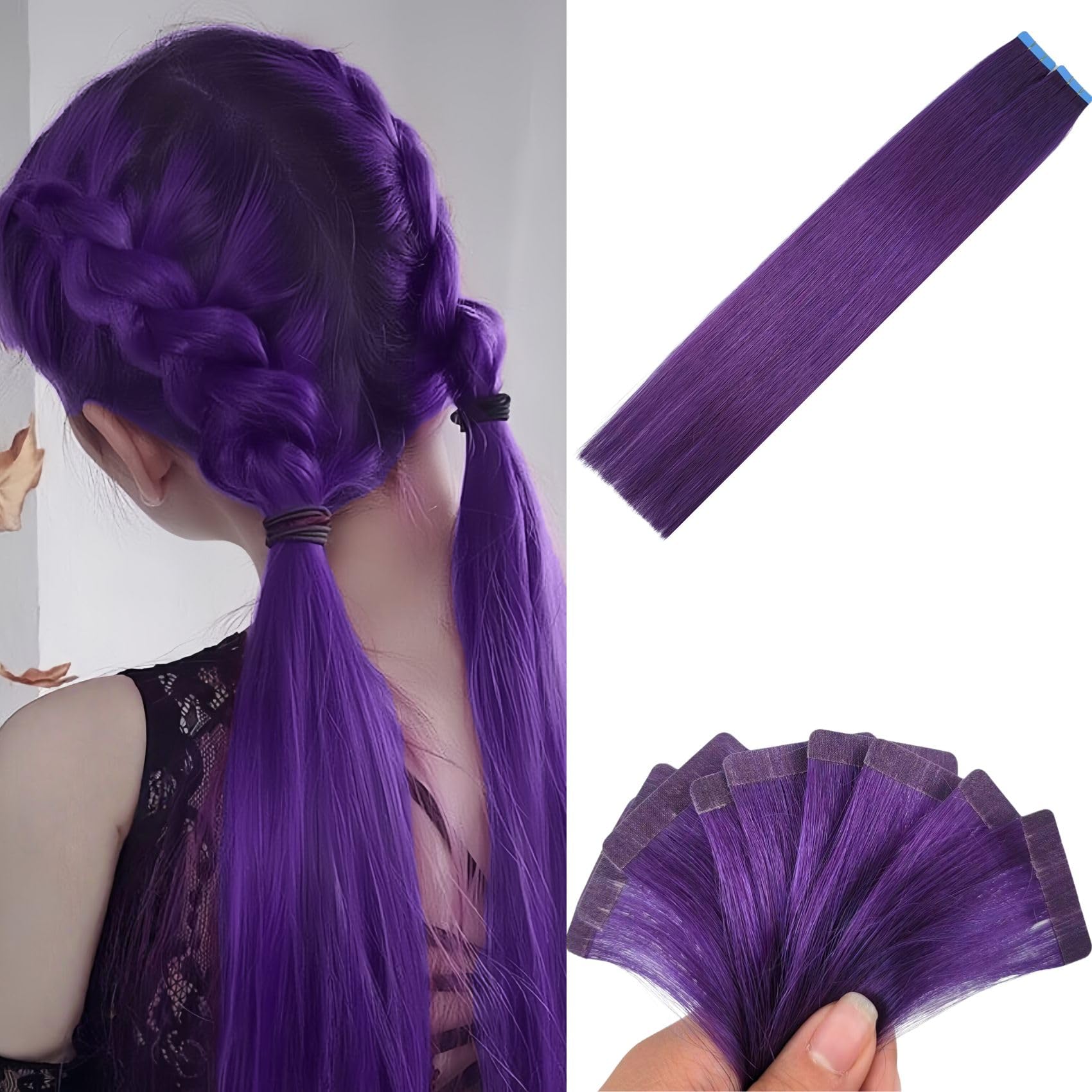 Purple Tape in Hair Extensions Human Hair Seamless 16 Inch Silky Straight Colored Hair Extensions Tape in for Party