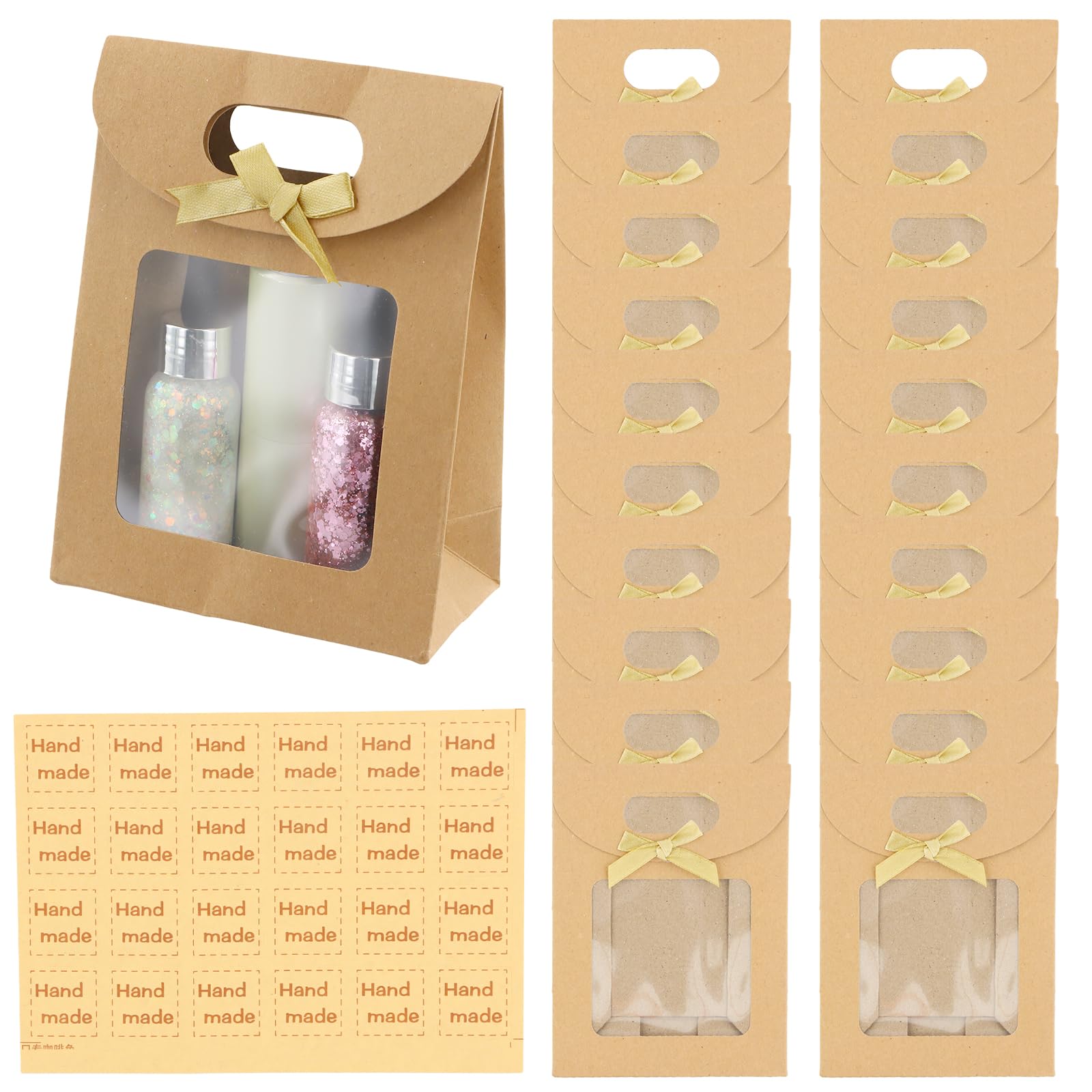 Ziyonix 20 Pieces Kraft Paper Packaging Bags with 1 Sheet Sticker Brown Kraft Paper Bags with Window, Handle and Bow Stand Up Gift Bag for Packaging Banquet Gifts, Candies, Biscuits (16 x 12 x 6 cm)