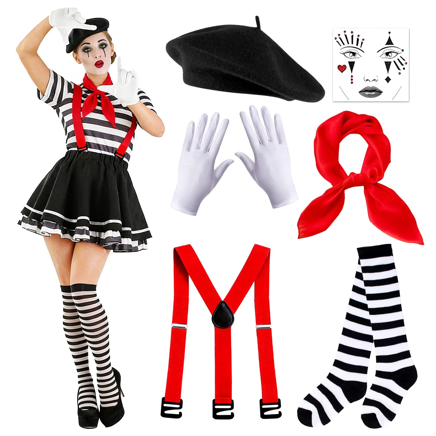 Disfraz pantomime para mujer y hombre,Disfraces de Mimo Accesorios con boina,bufanda roja,medias a rayas blancas y negras,guantes blancos,tirantes,tatuaje facial,para Carnaval Mascarada Halloween