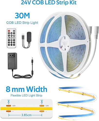 Miniatura 6 de Aclorol COB - Tira de luces LED de 100 pies, 6000 K, 24 V, regulable, color blanco frío, con control remoto y aplicación, cinta flexible para