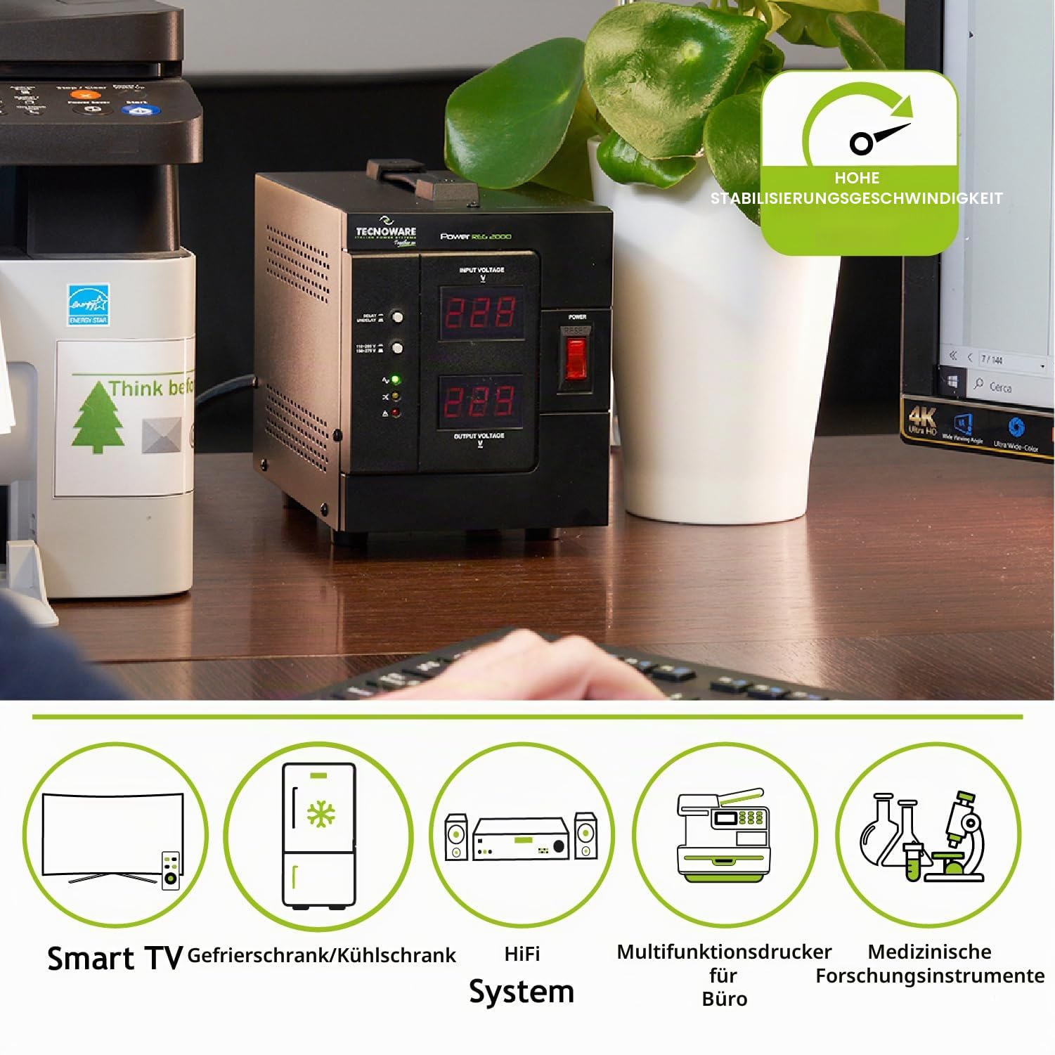 Tecnoware Power Systems Spannungsstabilisator 2000VA für Modem, Router, PC und kleine elektronische Geräte, schützt vor Stromschwankungen, ist kein USV, einsatzbereit