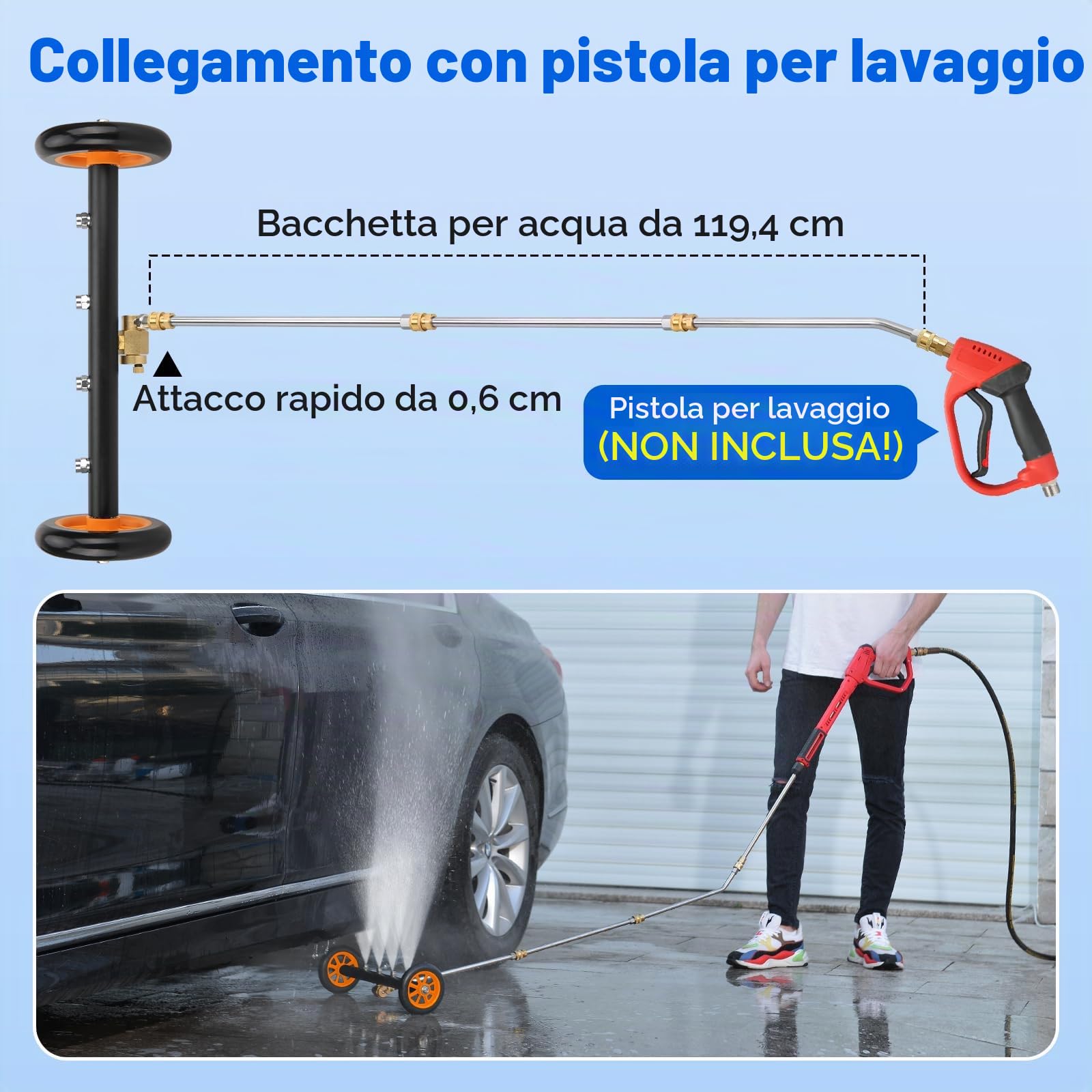 Scopa ad acqua per idropulitrice 2in1, pulitore per sottoscocca 16 pollici | Rondella ad alta pressione per auto con la spazzola del mozzo, pulitore di superficie 1200-4000 PSI