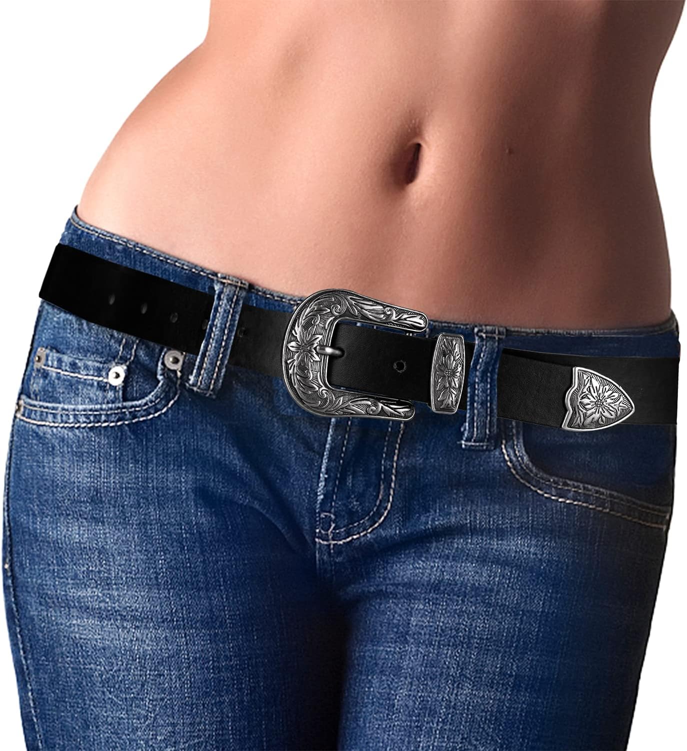 Women's Western Cowgirl Leather Belts for Jeans Pants Dresses with Fashion Vintage Silver Buckle