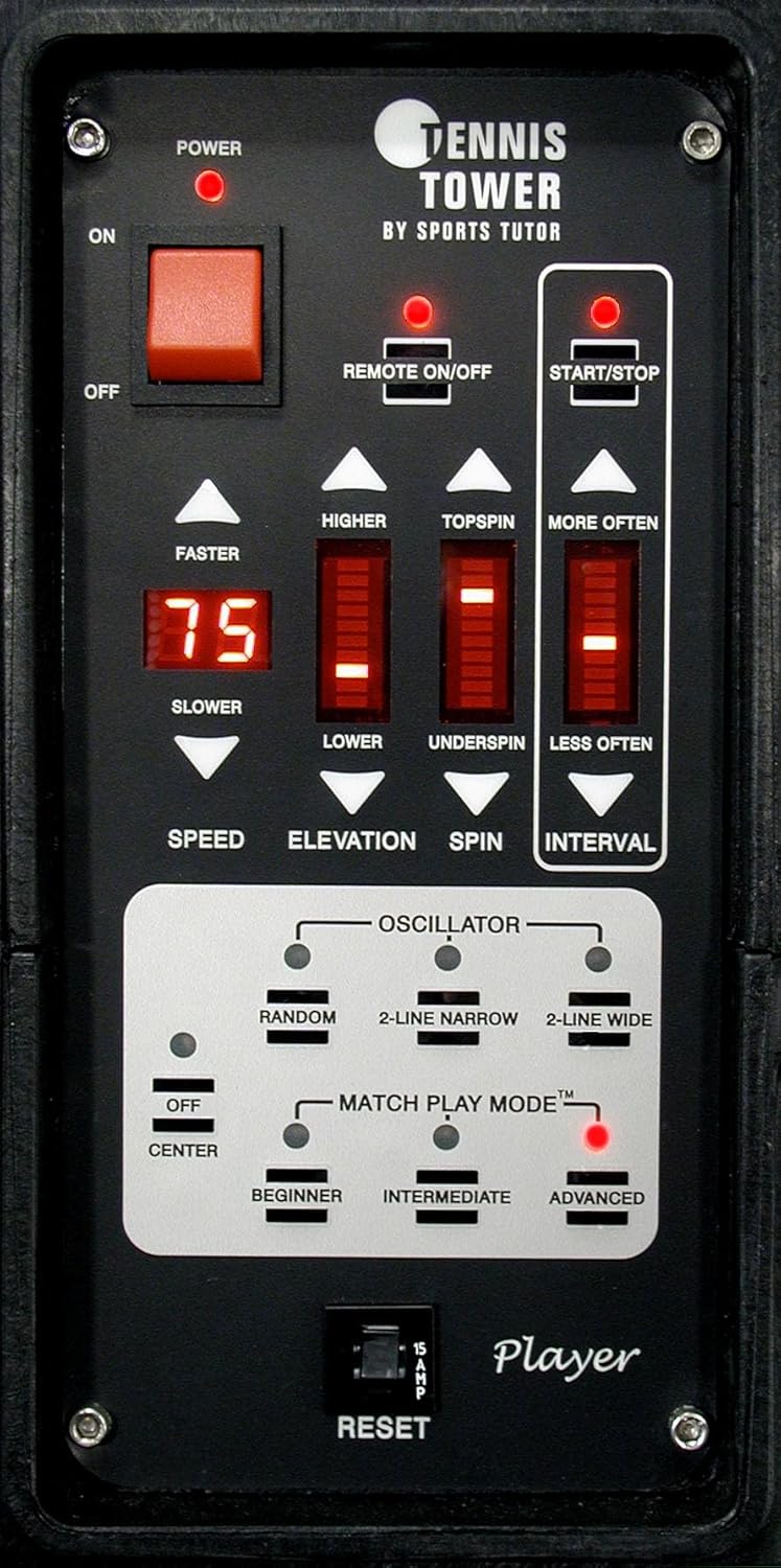 Tennis Tower Player Model w/FM Multi-Function Remote. Variable TOPSPIN and BACKSPIN. Includes Patented 'Player Mode' that simulates a Real Player. Made in USA by #1 Tennis Machine company.